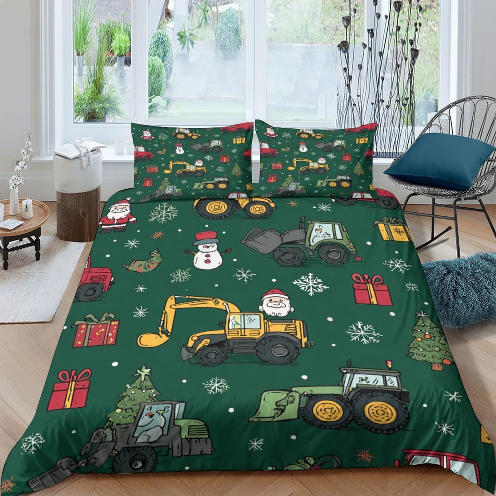 GPLZQXKJNH 3D Printed Christmas Construction Duvet Cover Microfiber Soft Breathable Snowman Bedding Set with 2 Pillowcases for Bedroom Decor Single（135x200cm）