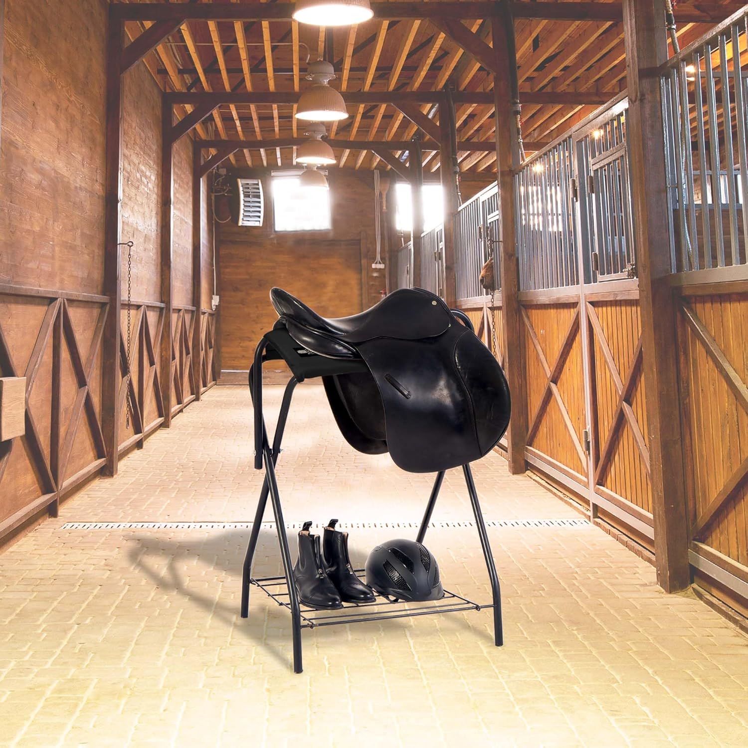 Harrison Howard Saddle Stand Freestanding Full-Size Portable Floor Horse Saddle Rack with Fabric Adds Protection to Underside of Saddle Prevents Bar Indentations Secure Saddle Saddle Black