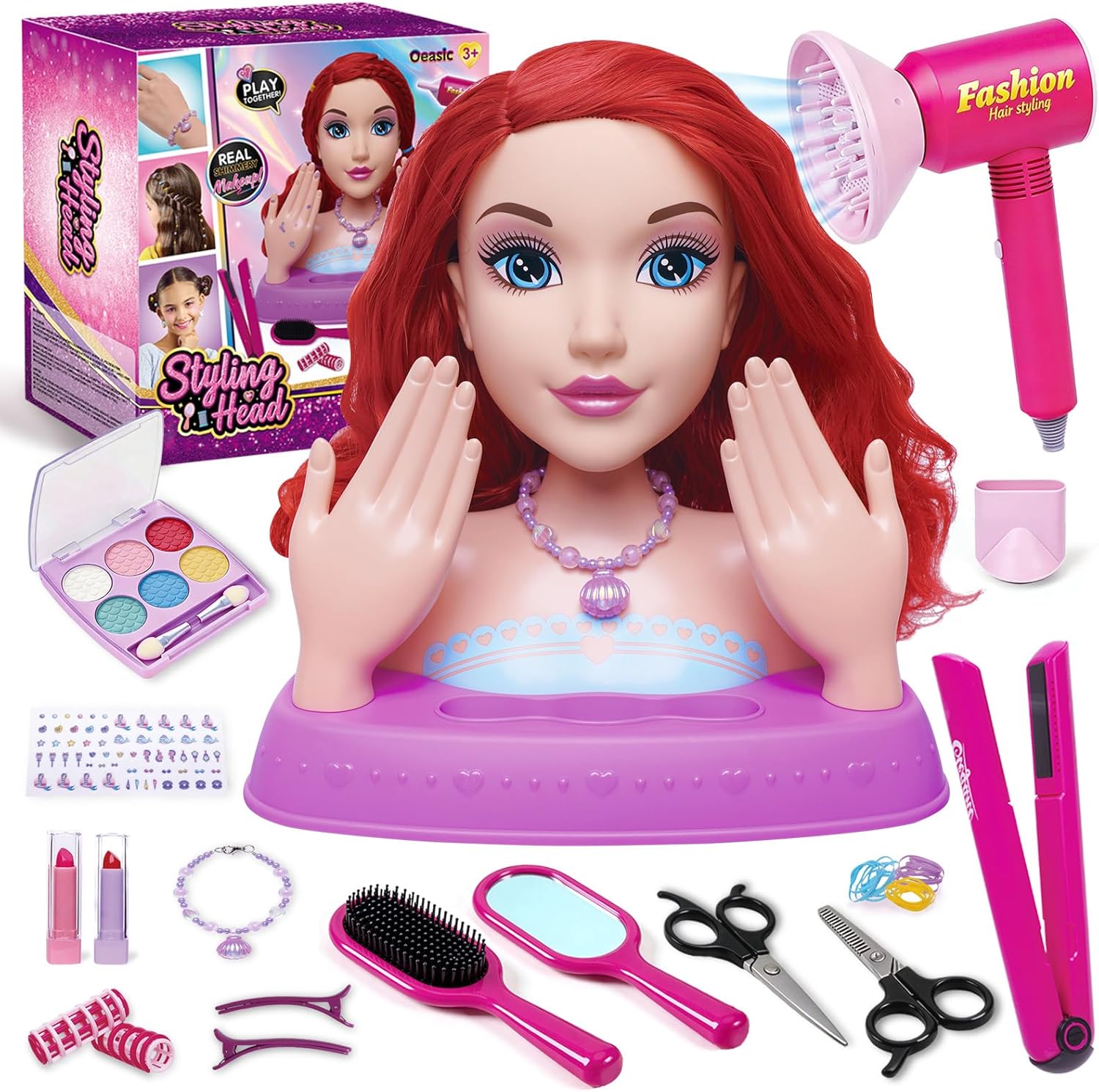 Hair Styling Doll Head 10.5" with Washable Makeup, Pretend Play Hair Salon Toy for Girls, Princess Styling Head with Hair Dryer, Rollers & 20+ Accessories, Birthday Gift for Girls Ages 3–10