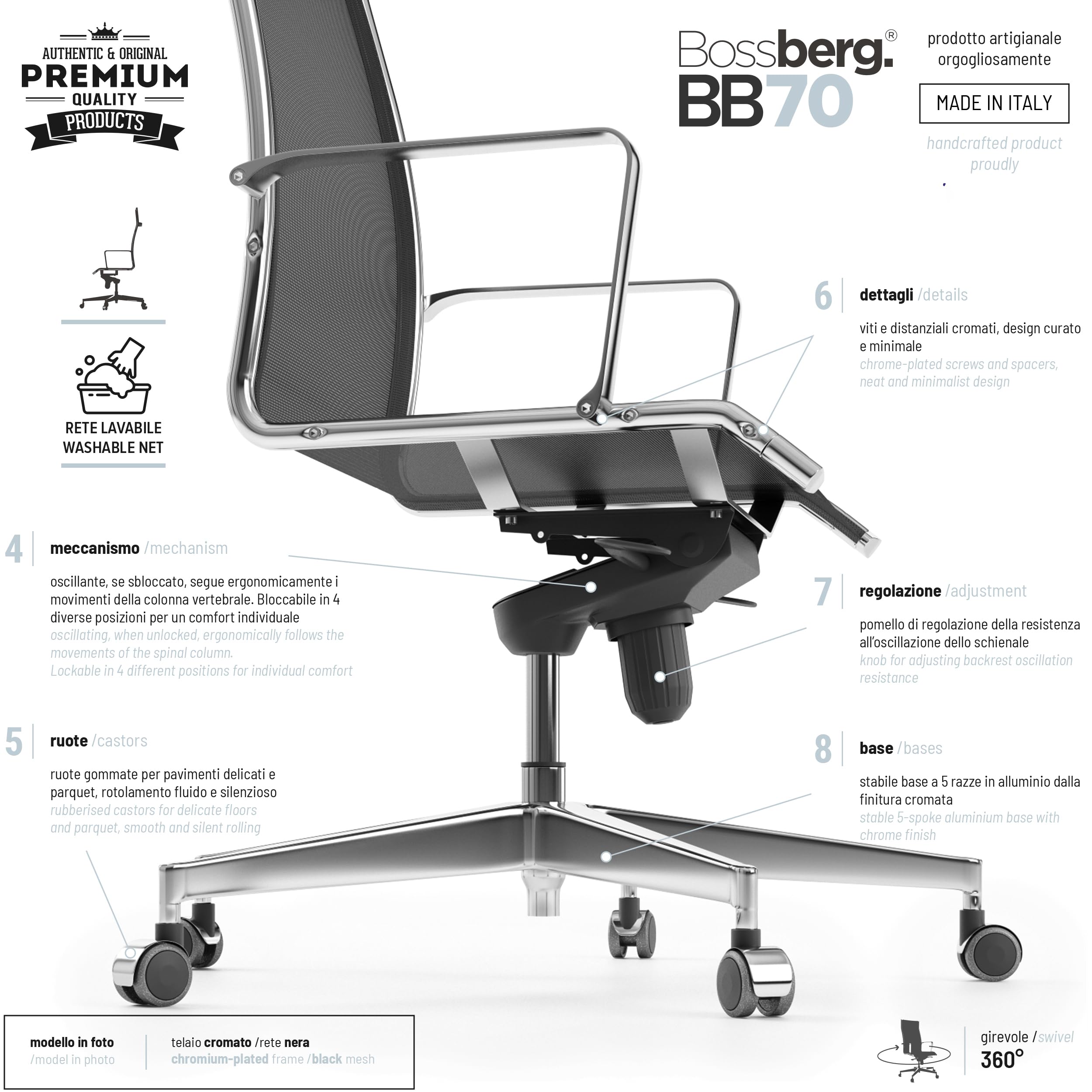 Bossberg BB70 Sedia Ufficio Ergonomica Direzionale con Schienale Alto, Poltrona di Design in Rete Traspirante e Acciaio con Supporto Lombare per Studio Professionale - Cromata Nera
