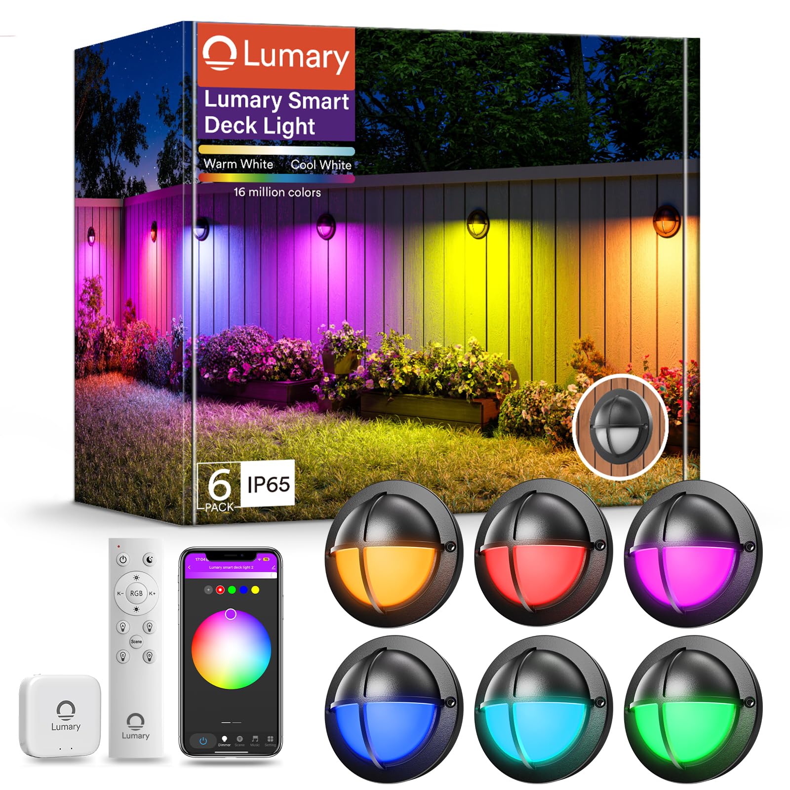 Lumary 6 Pack 12-24V Low Voltage Deck Lighting with Hub, 4 Inch Smart Outdoor Step Light Waterproof, 2200K-6500K RGBCW Color Changing Landscape for