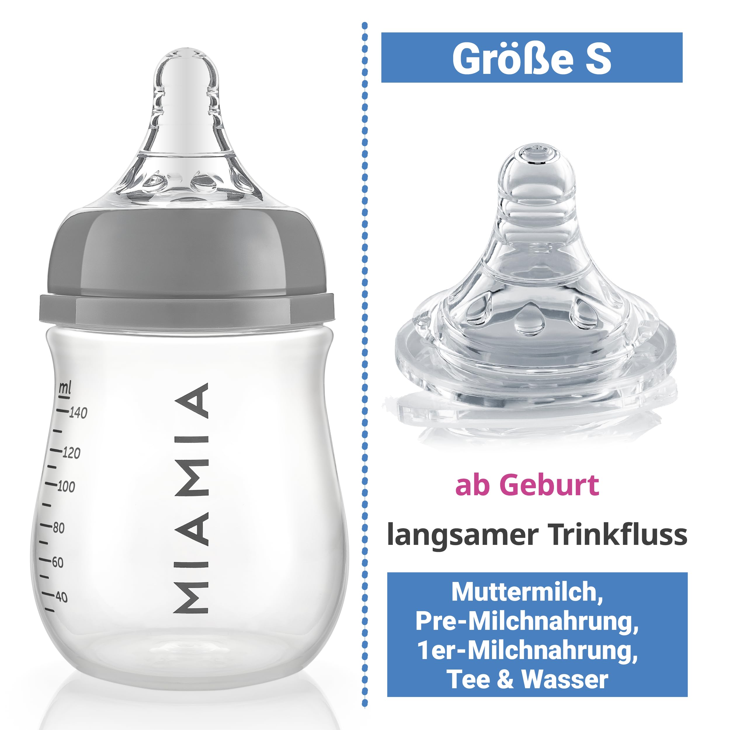 MiaMia Babyflaschen 3x 140 ml | 3er Set Flaschen mit weichem Silikon-Trinksauger | BPA-frei & Anti-Kolik | Ab 0 Monate | Spülmaschinenfest