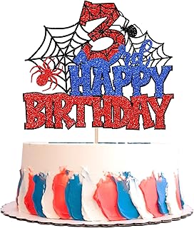 1 PCS Happy 3rd Birthday Cake Topper Glitter Spider Web Cheers to 3 Years