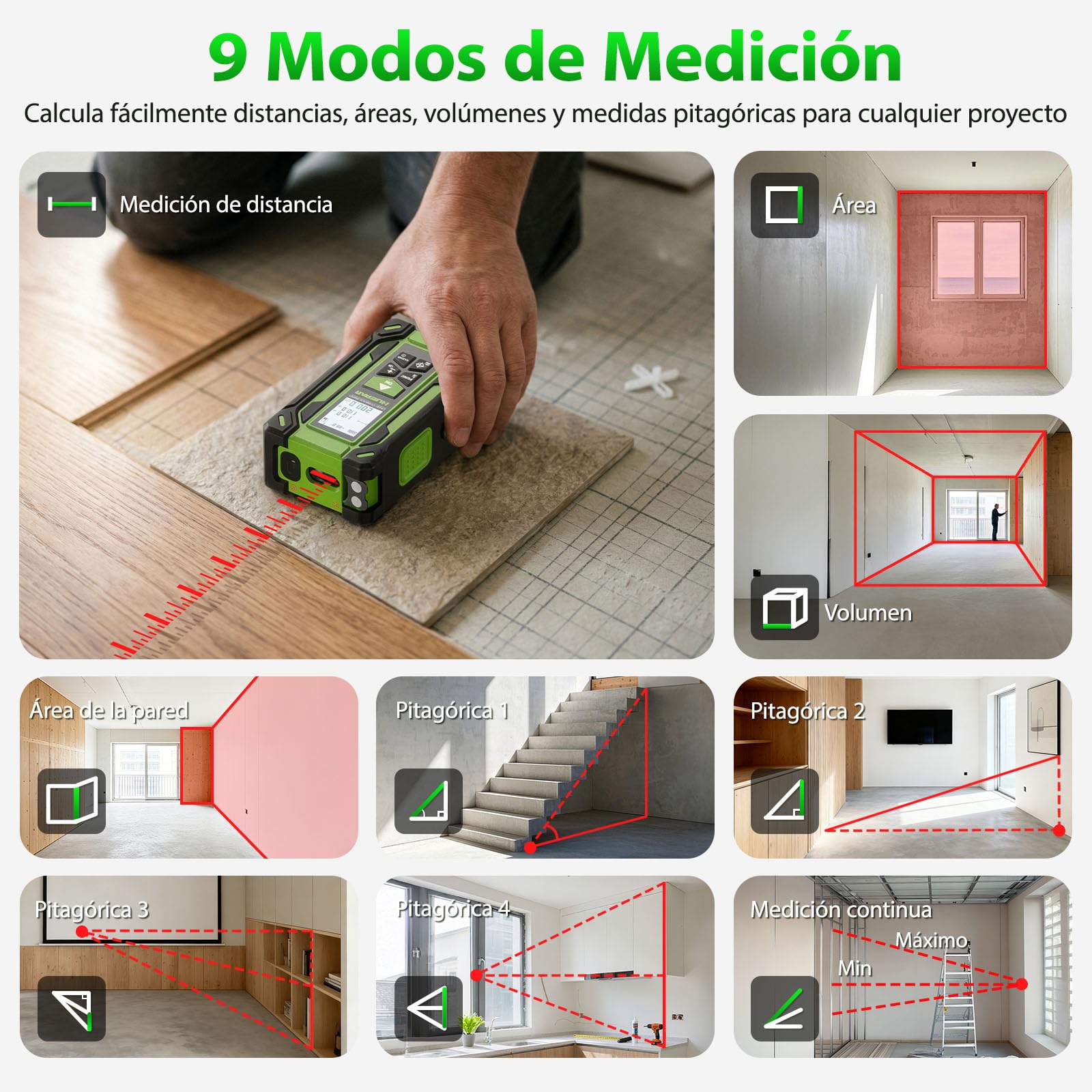 Huepar TLM60 Medidor Láser 4 en 1 con Cinta Métrica Digital y Nivel Láser Verde, Distancia hasta 60m, 9 Modos de Medición, Pantalla Doble LCD, Memoria 100 Datos, Alta Precisión para Construcción y DIY