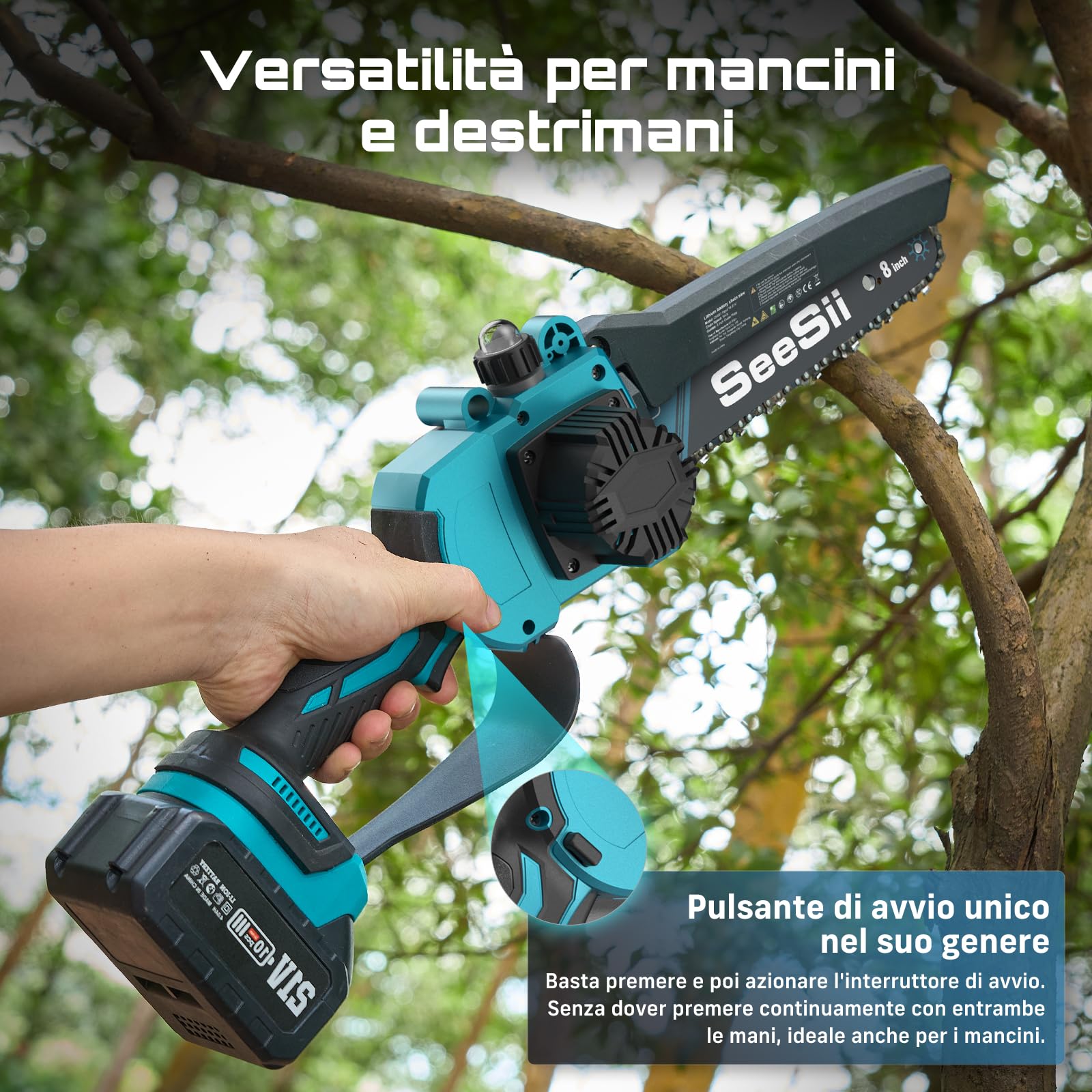 SEESII 2-in-1 Potatura Telescopica, 8 Pollici Mini Motosega Per Alberi | Motosega Telescopica a Batteria, Mini Sega Brushless con Asta Telescopica per Giardinaggio, Raggiunge Fino a 4,87m