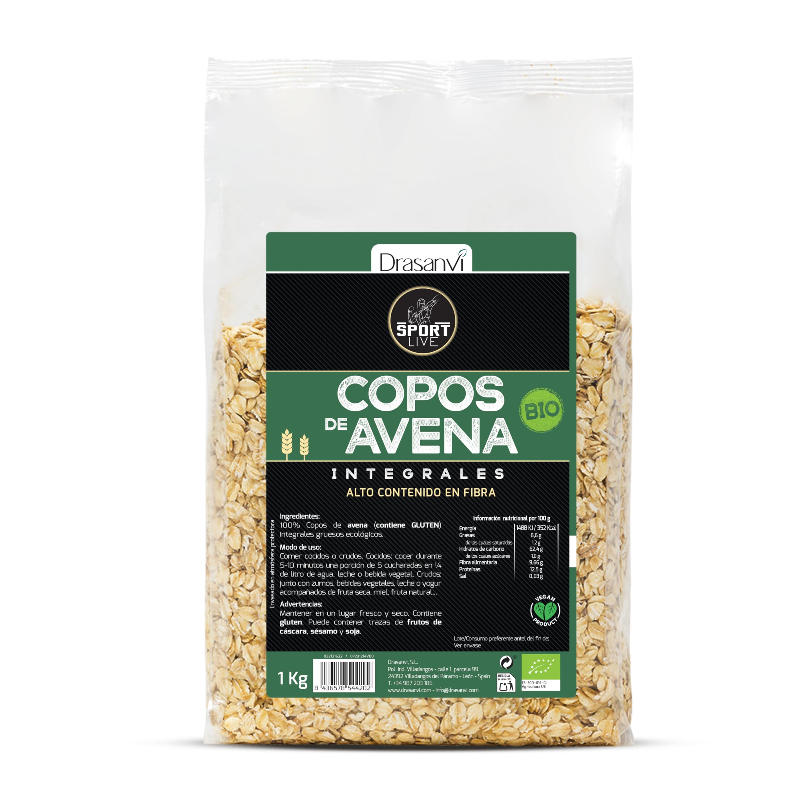 Drasanvi SPORT LIVE Copos de Avena Gruesos Integrales BIO | Fuente natural de proteínas y Vitaminas del grupo B y E | Alto contenido en Fibra | 1kg