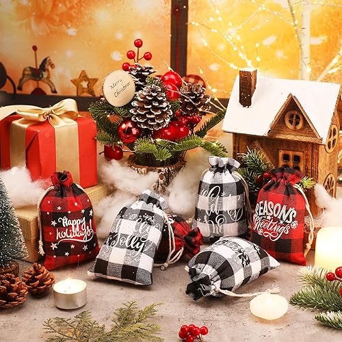 Miniatura 4 de 24 bolsas de regalo de Navidad con cordón, bolsa de arpillera de Navidad, bolsa de Navidad de algodón lavable para envoltura de dulces, recuerdos de