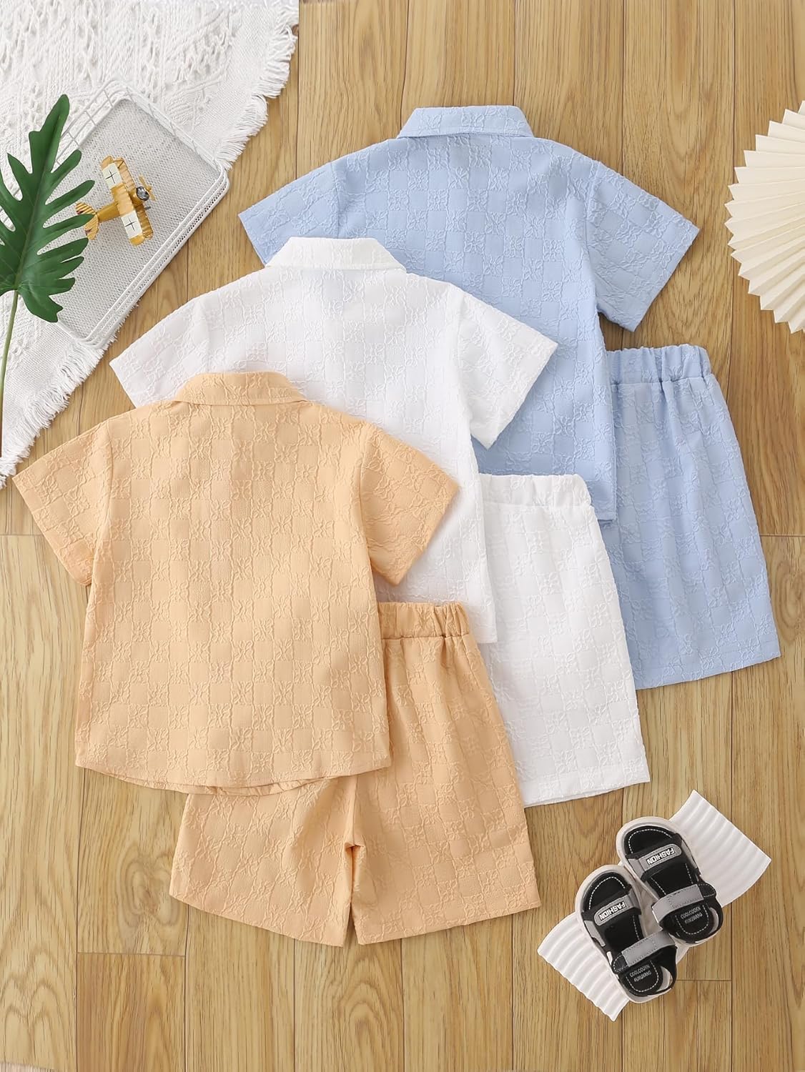 Boys 6 Pieces Summer Beach Outfits Short Sleeve Button Down Shirts and Shorts Vacation Texture Sets for Kids