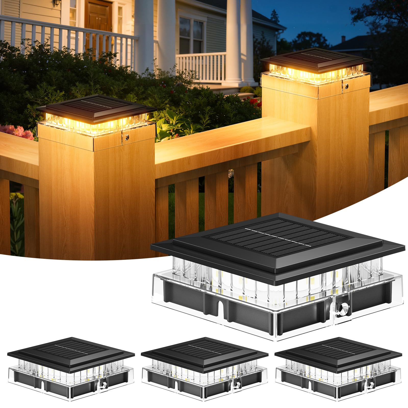 ENSLI 12 Pack 4x4 Solar Post Cap Lights Outdoor, Fence Post Solar Lights with Warm Light Mode, Waterproof Fence Deck Post Lights Solar Powered Fits 4x4 3.5x3.5 Vinyl Wooden Posts for Patio Porch — view 8