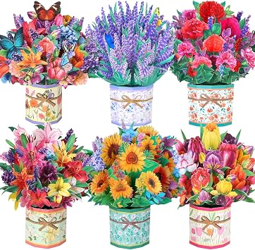 6 Pack Paper Flower Pop Up Cards, Flower Bouquet Card Popup 3D Greeting Cards for Mothers Day, Graduation, Anniversary, Birthday, Congratulations, Get Well, Home Decor, with Envelope and Note