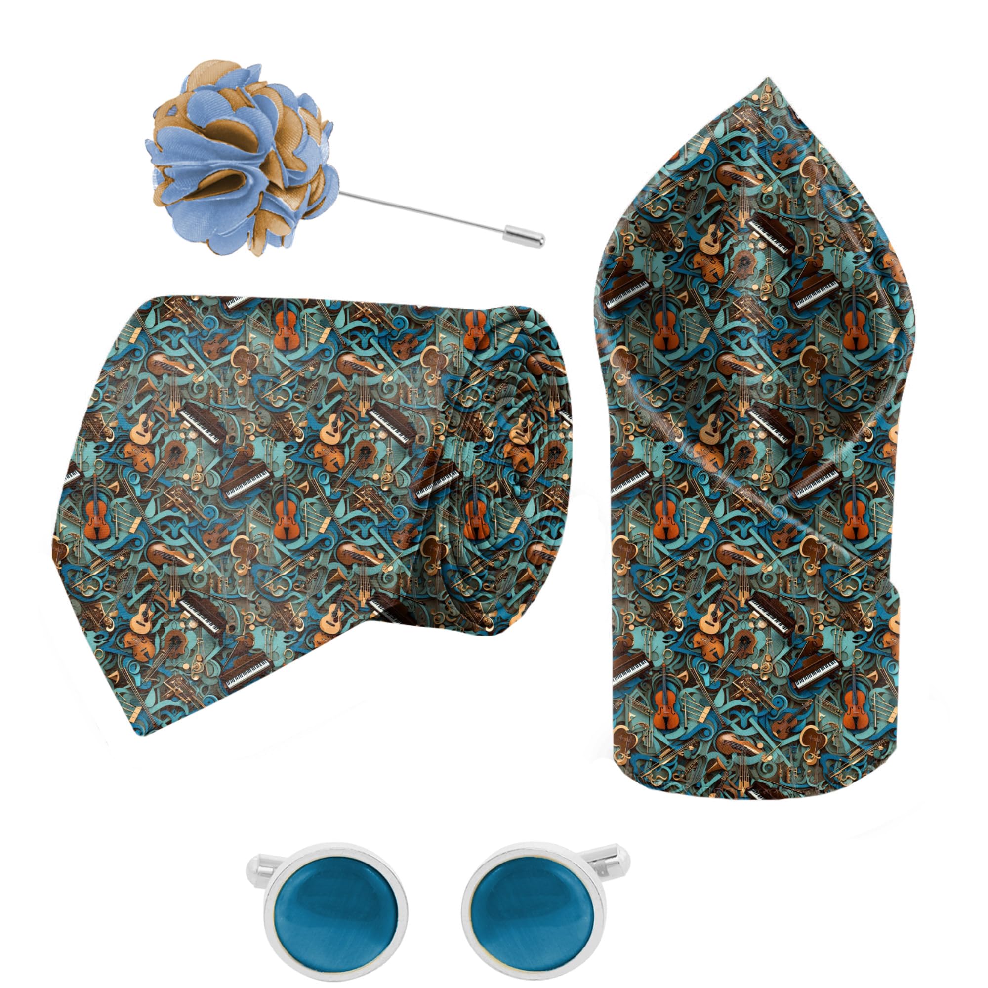 Music Melody Printed Tie and Pocket Square Set with Cufflink and Matching Flower Lapel Pin-image-23