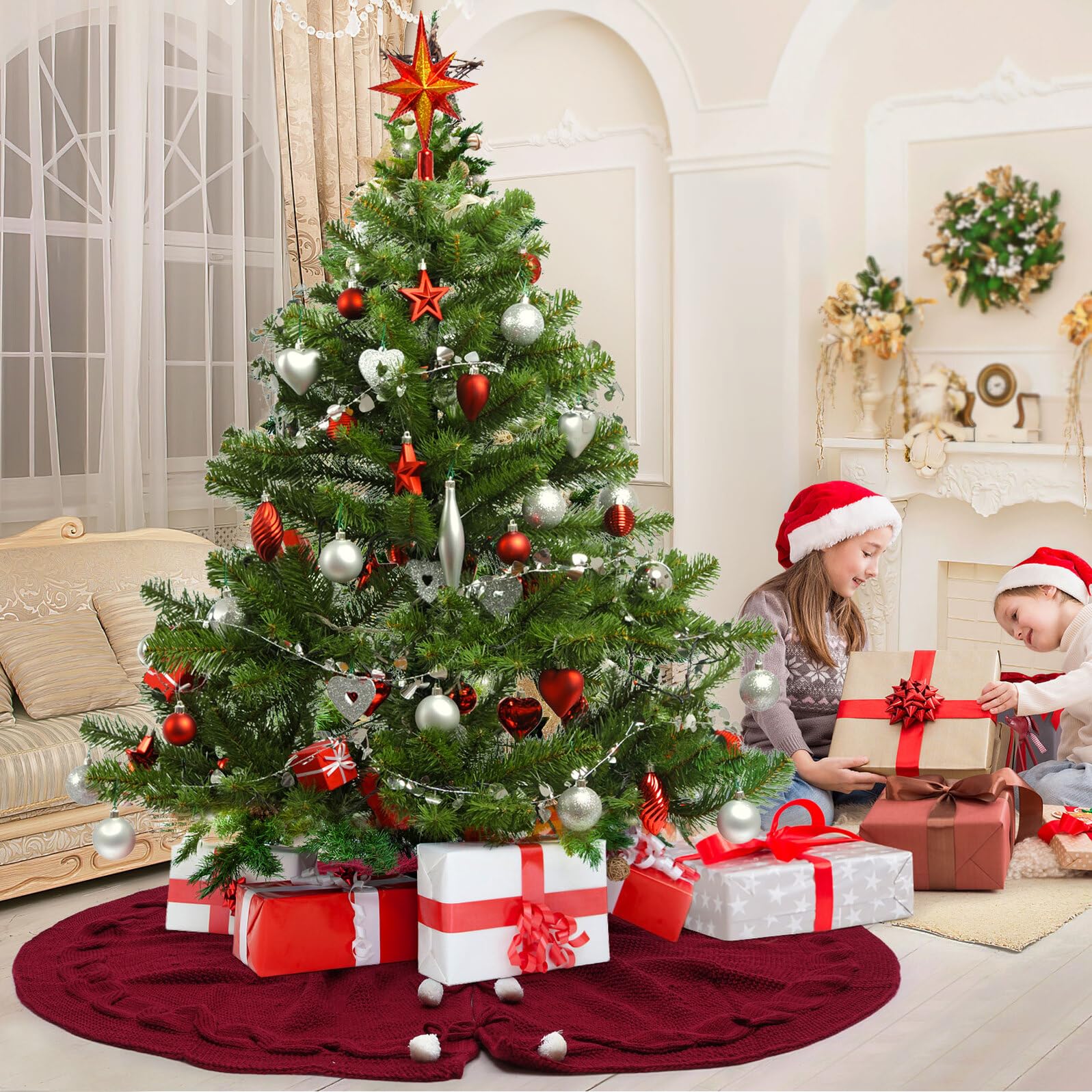 Toyvian Weihnachtsbaumrock Gestrickte Wolle 120cm Durchmesser Weihnachtsbaumschürze Rot Festliche Baumdecke für Weihnachtsdekoration Zuhause