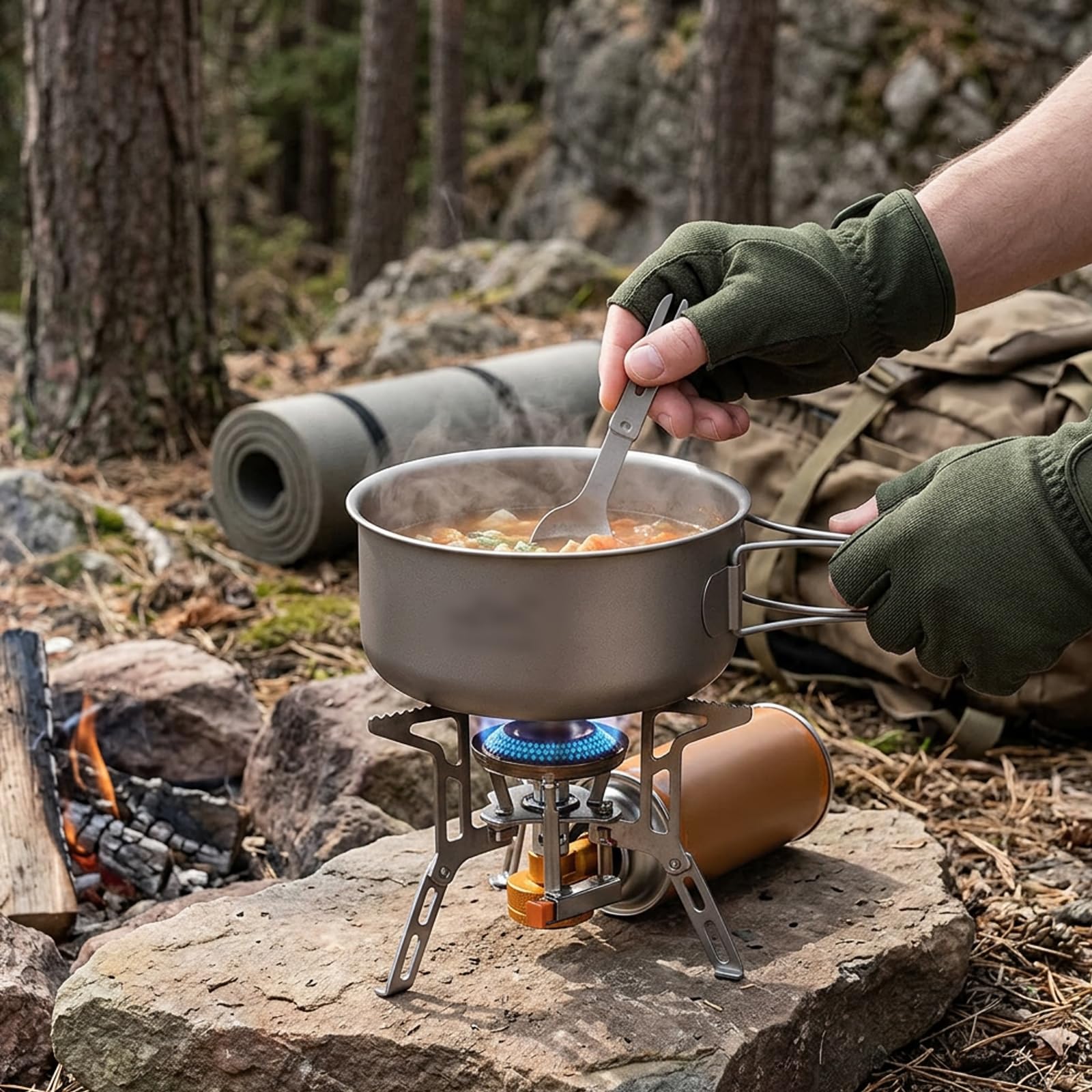 Camping Topf, Ultralight Outdoor-Kochgeschirr für Rucksackreisen, Kompaktes Bushcraft-Kochgeschirr mit faltbaren Griffen, Vielseitige Wärmequellenkompatibilität