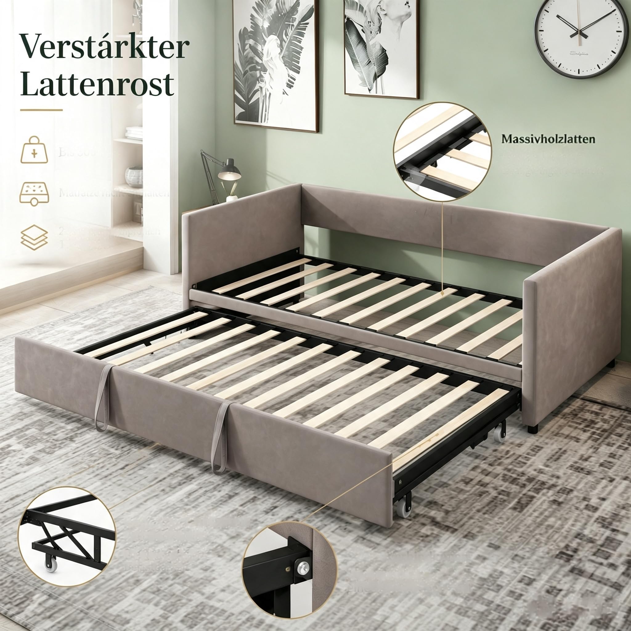 Schlafsofa Ausziehbar 90/180x200cm,Gästebett Tagesbett mit Lattenrost,Grau | Schlafcouch Polsterbett für Schlafzimmer Wohnzimmer,Ausziehbar zum Doppelbett,für Kleine Räume,Multifunktionsbett,Samtstoff