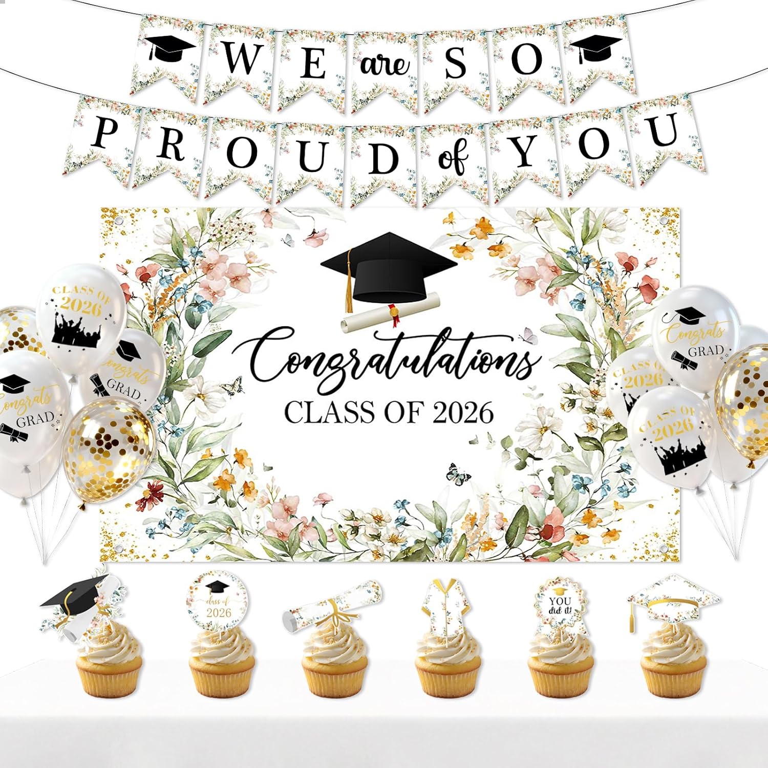 Graduation Party Decorations Wildflower Class of 2026 Backdrop We Are So Proud of You Banner Cupcake Toppers Balloons Spring Congrats Grad Party Supplies for High School Colloege