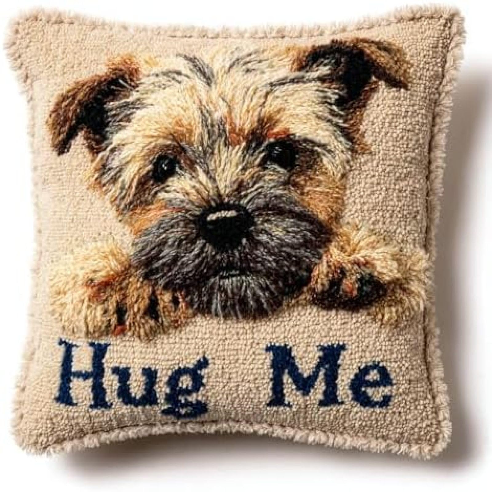 kitphoenix DIY Latch Hook Cushion Cover Kit for Adults Beginners,Cairn Terrier Dog and Text Hug Me,Pre-Printed Canvas with Yarn and Hook,43x43 cm Handmade Home Décor Craft Set