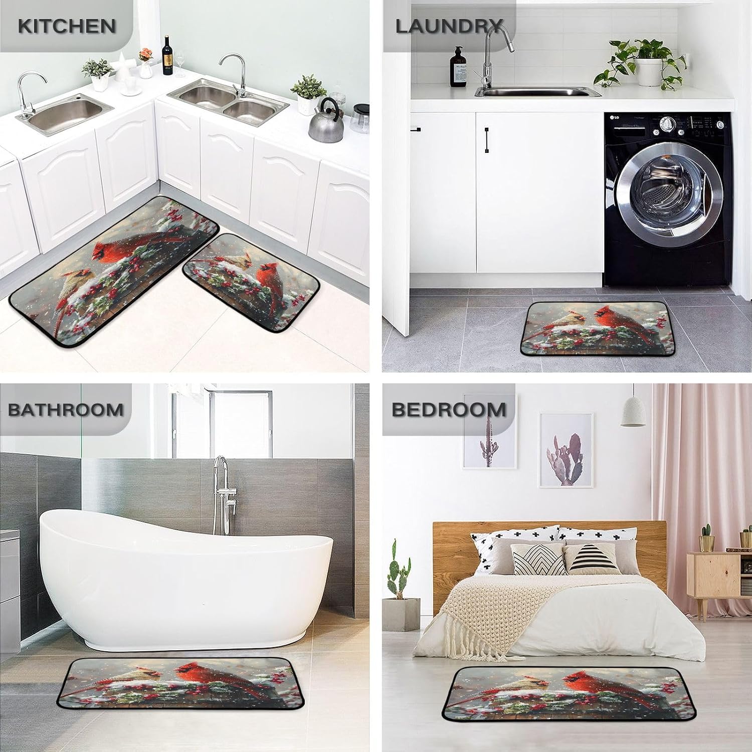 Cardinal Bird 2 Pack Kitchen Rug Non Slip Anti Fatigue Floor Mat, Absorbent Comfort Standing Mat, Area Rug for Hallway, Entryway, Bathroom, Living Room, Bedroom, Office