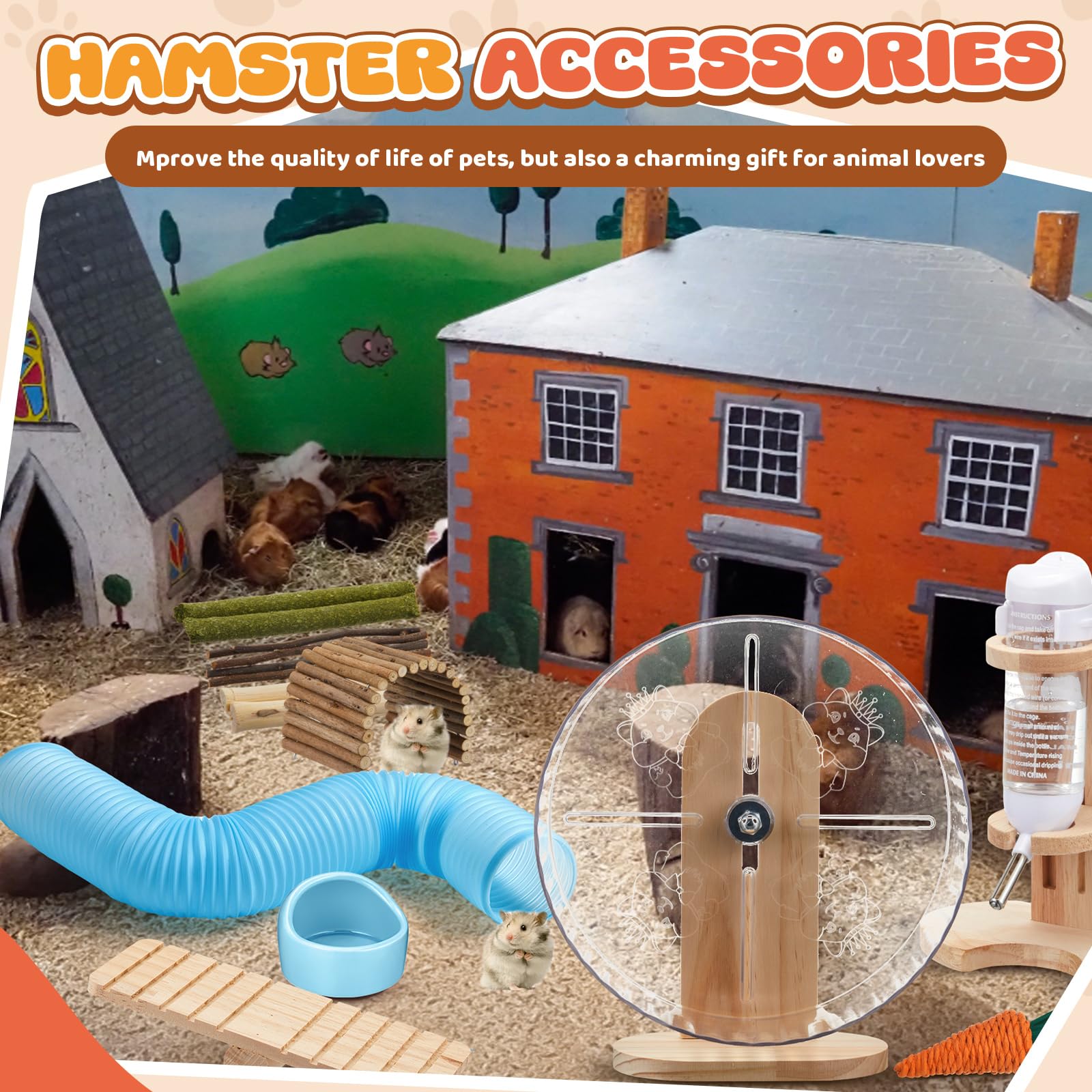 Hamsterspielzeug-Set, 20-teilig, 16 kleine Tier-Kauspielzeuge, Labyrinth-Holzhaus, geräuschlose Übung, Laufräder und Wasserflasche, Futternapf für Hamster, Lebensraum, Rattenkäfig-Zubehör