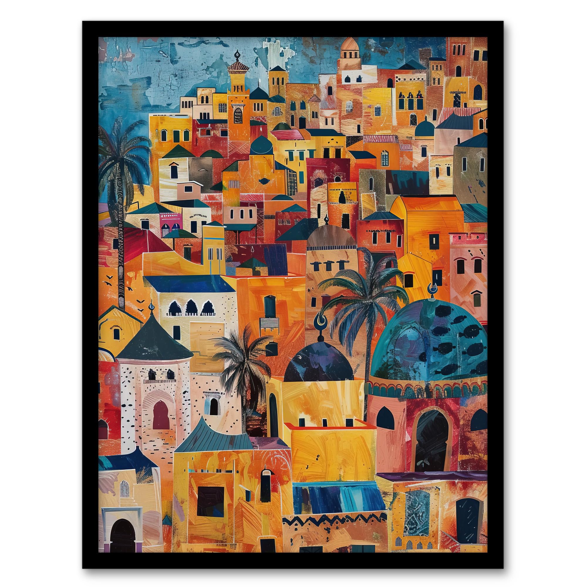 Moroccan Cityscape Artwork - Colourful Exotic Ochre Framed Art Print - A4 Size - Orange