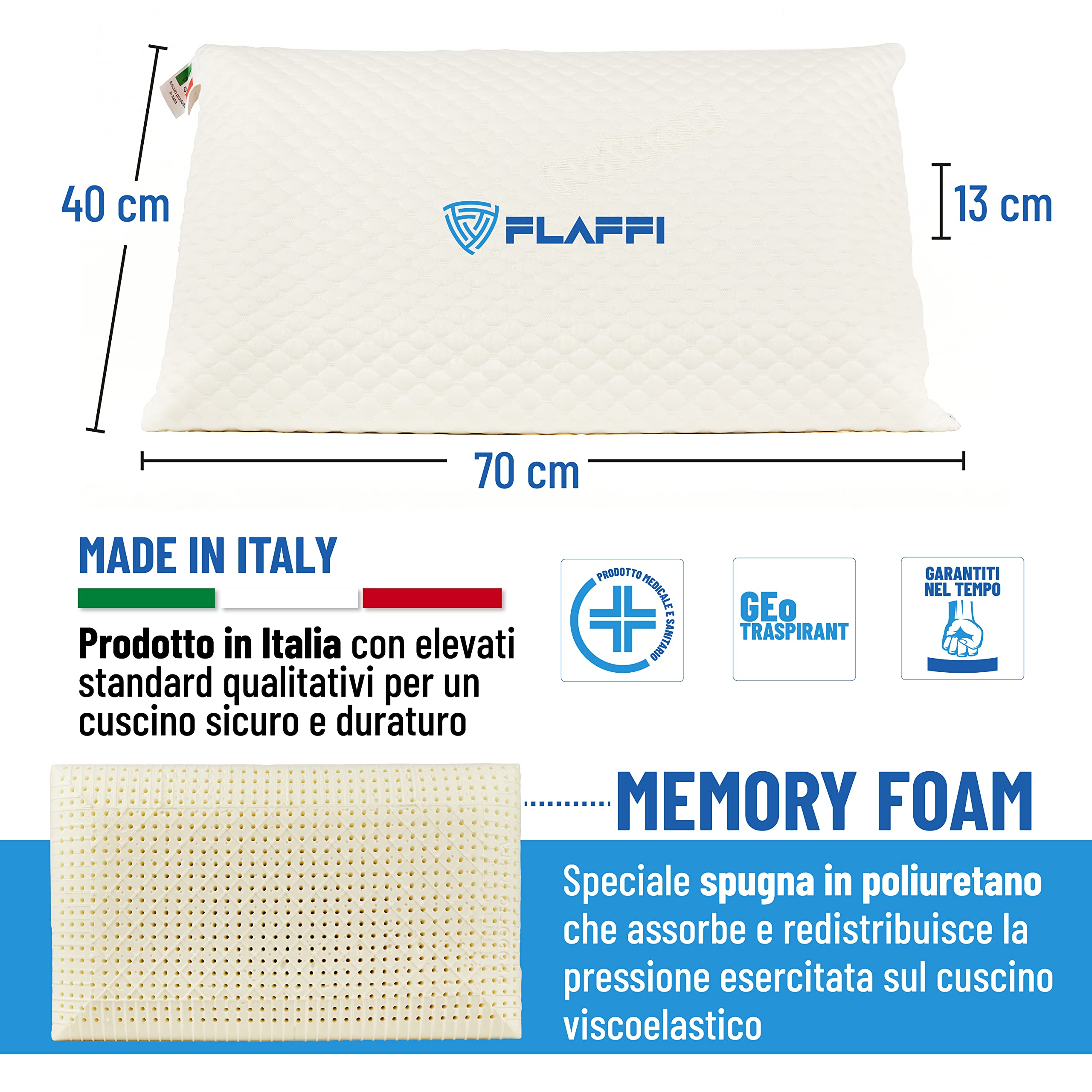 Flaffi Cuscino Letto Memory Foam - Guanciale Antisoffoco e Federa Antiacaro, Made in Italy, 70x40x13