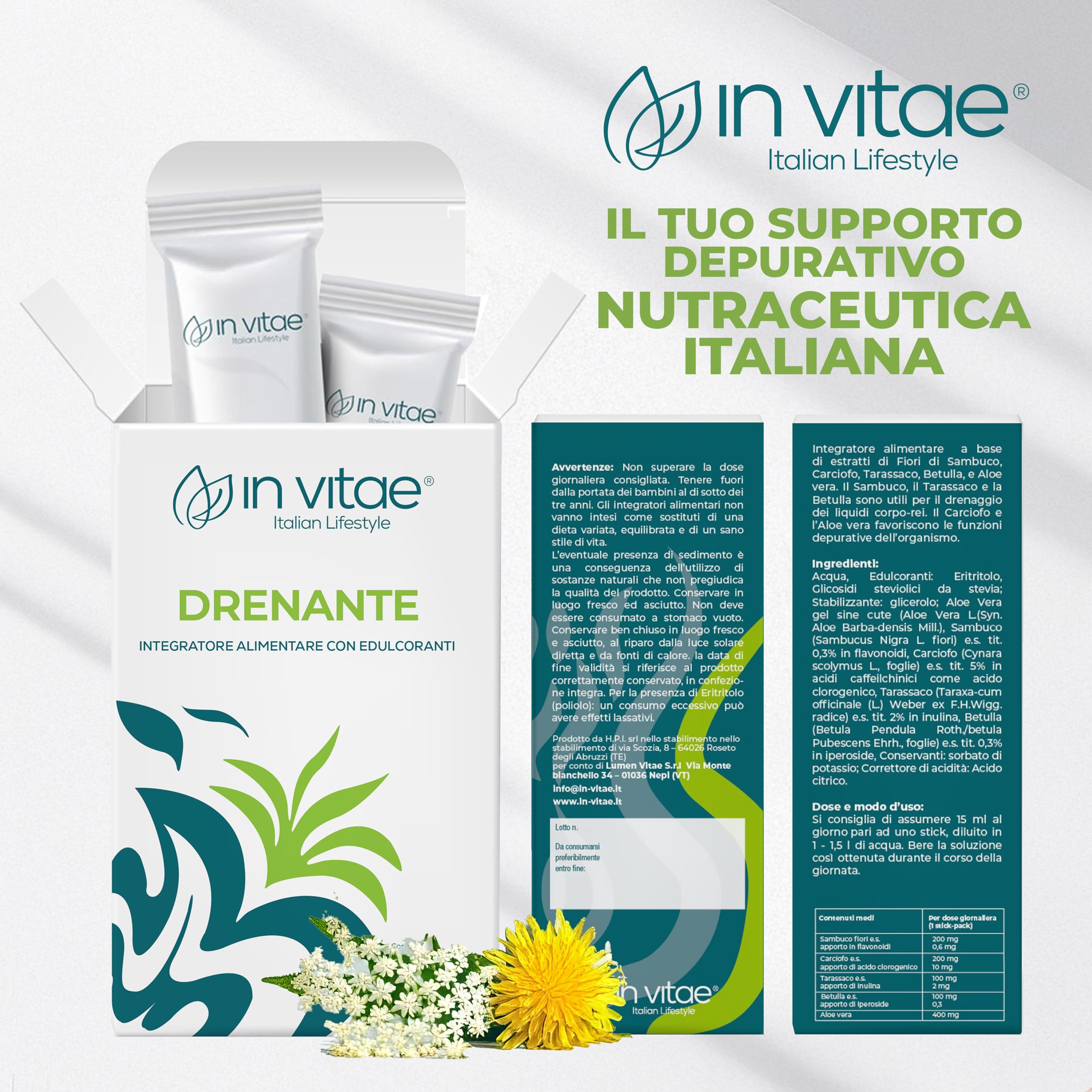 IN VITAE Drenante Forte - Integratore con Aloe, Tarassaco, Betulla, Carciofo e Sambuco - Supporto al Drenaggio dei Liquidi Corporei e Funzioni Depurative - 20 Stick Gel - Made in Italy