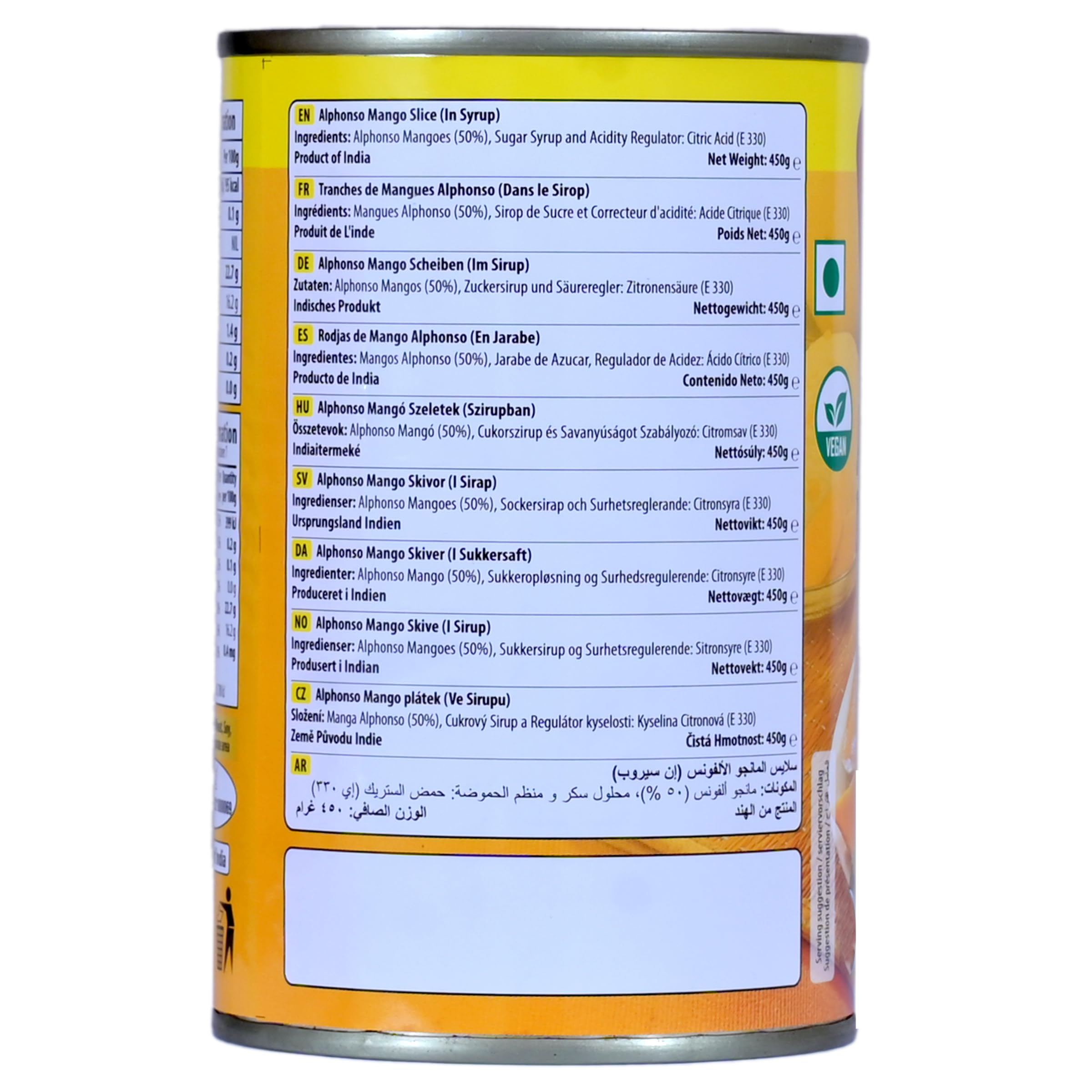 SWAD Alphonso Mango Slice with Syrup | No Added Preservatives & Sweeteners | Export Grade Happus Aam | Natural Mango Slices with Syrup | Tin Pack of 1 (450g each) 1