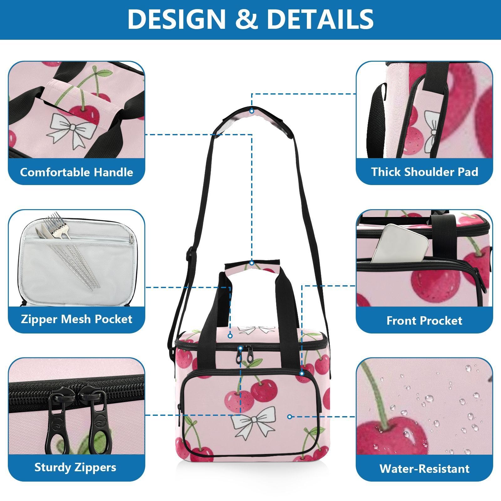 Wudan Blush Cherry Bow Tkanina Termiczna Torba Na Lunch Jeden Rozmiar Ręczny Plaża Pracownicy Biurowi