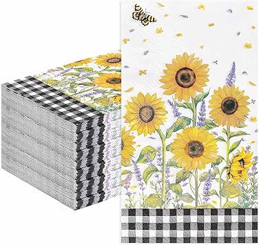 HEIPINIUYE 50 Pieces 3-ply Sunflower Paper Napkins Floral Gingham Guest Napkins Disposable Hand Towels for Bathroom Wedding Birthday Party Flower Dinner Napkins