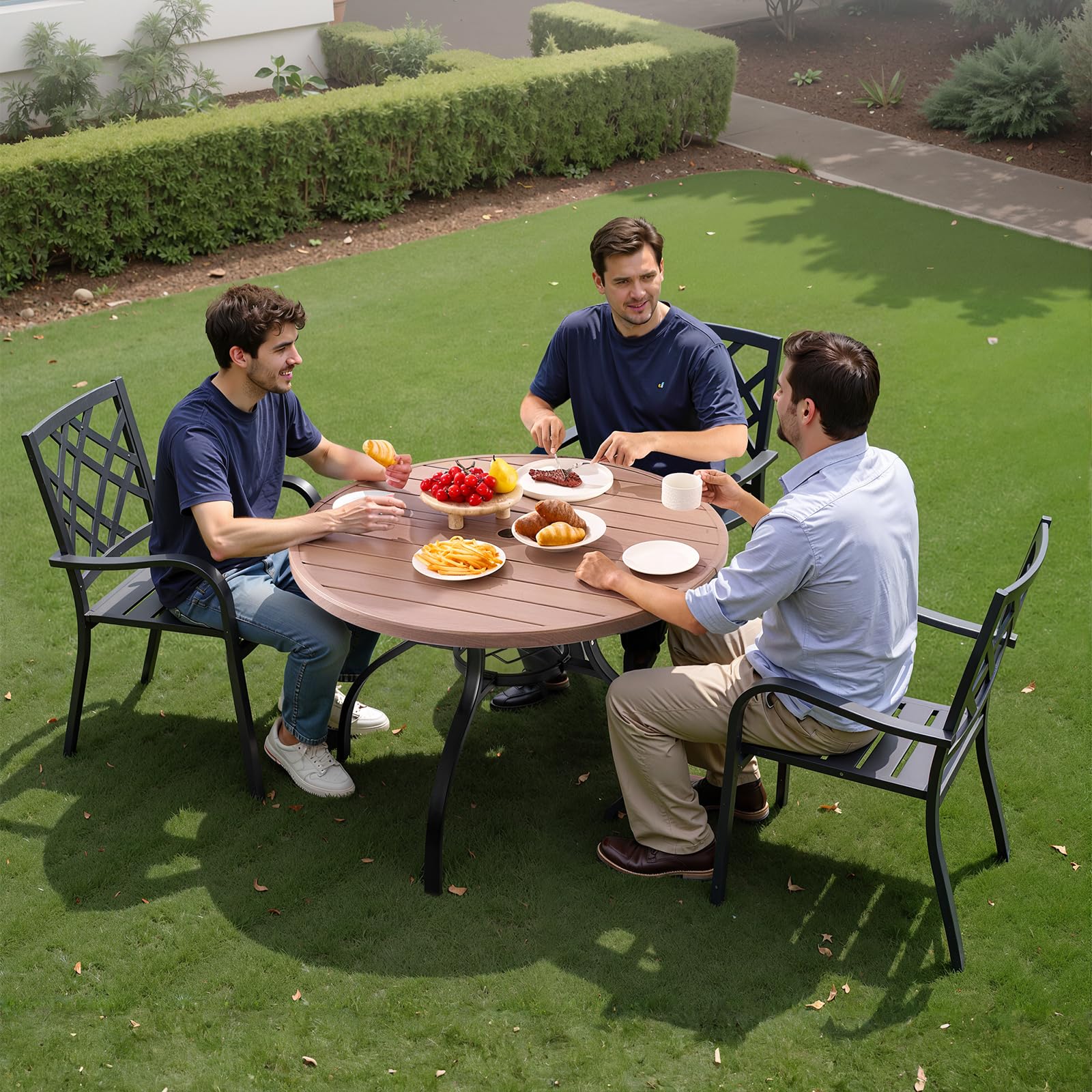 VEVOR Table à Manger pour Patio extérieur 1035 mm, Table de Bistrot Ronde en Acier Imitation Bois 4 Personnes, Trou Parasol 38 mm, Gris