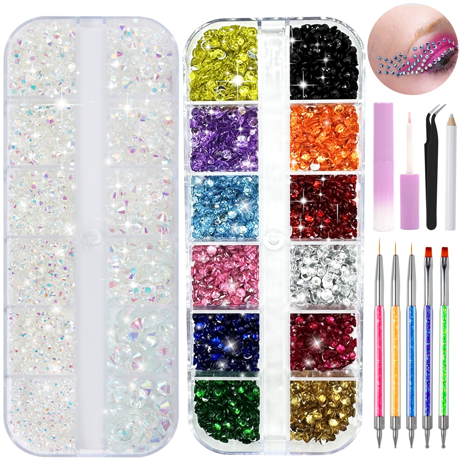 5100Pcs Face Gems Rhinestones with Makeup Glue & Nail Art Tools Dotting Tools, Colorful Rhinestones+Transparent Resin Rhinestones for Makeup, Face Gems Eyes Jewels Face Jewels for Body Eye Makeup