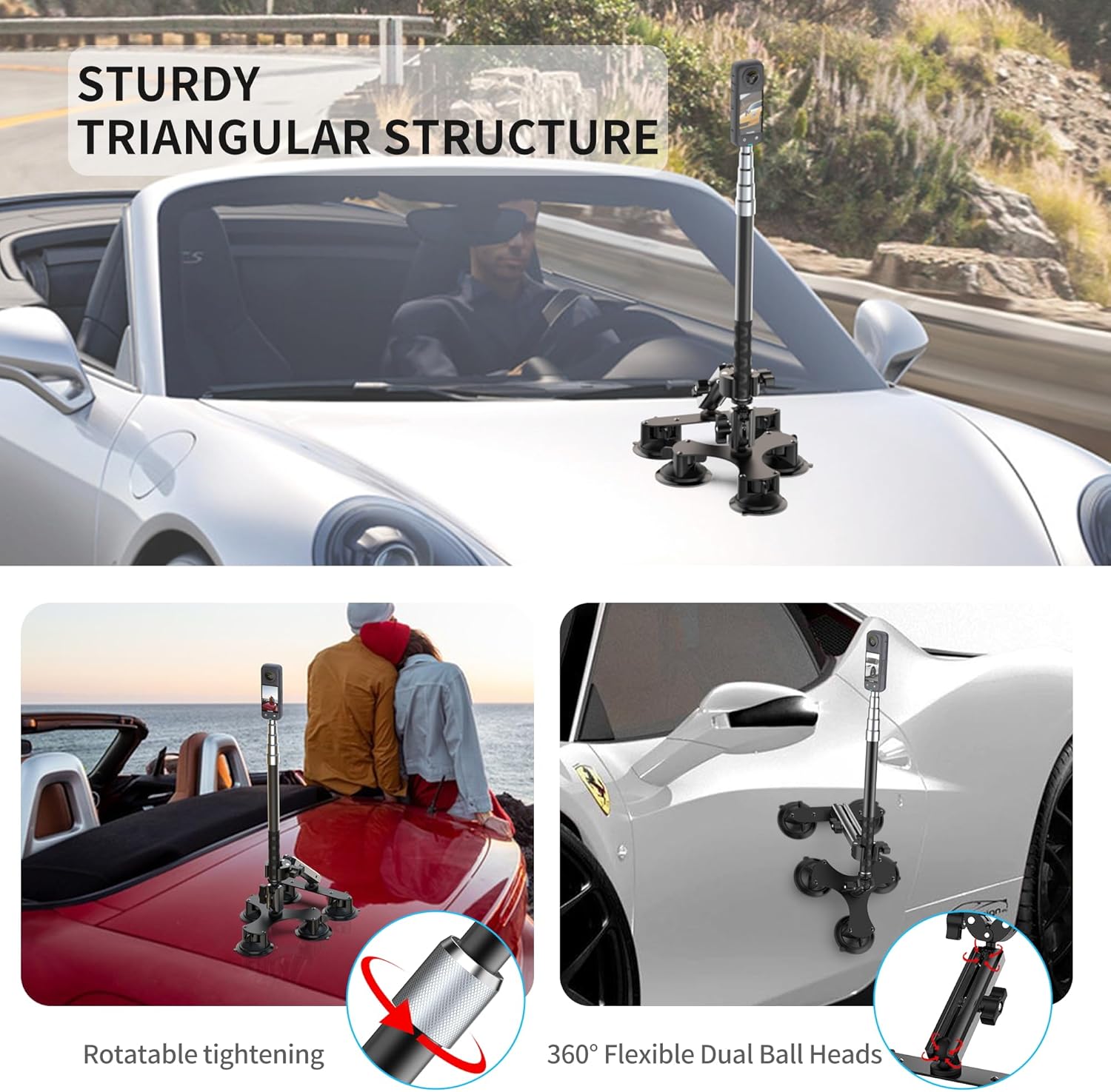 Suction Car Mount for Insta360 x5/X4/X3/X2/GO 3/ONE/GoPro Max-59 Lockable Anti-Fall Selfie Stick with 5 Suction Cups, 3-Person Car Camera Mount for 360° Action Vlog Cameras, DSLR (Indoor & Outdoor) 59" Lockable Anti-Fall Selfie Stick image 4 of 8 B0DHGJJ74V