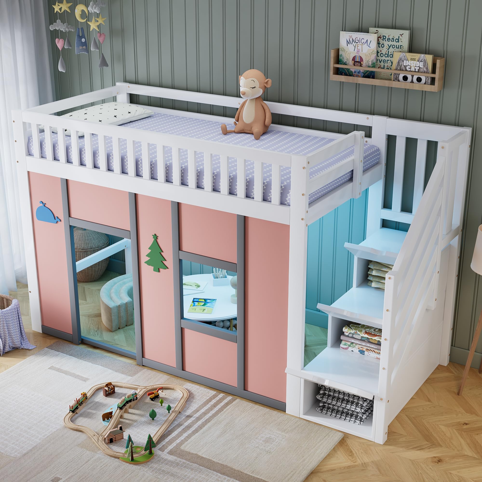 Lit Mezzanine 90x200 cm Blanc Rose Lit Mezzanine 1 Place avec Escalier Rangement LED Éclairage Rausfallschutz Décoration Chambre D'Adolescent Sécurisé Design Moderne