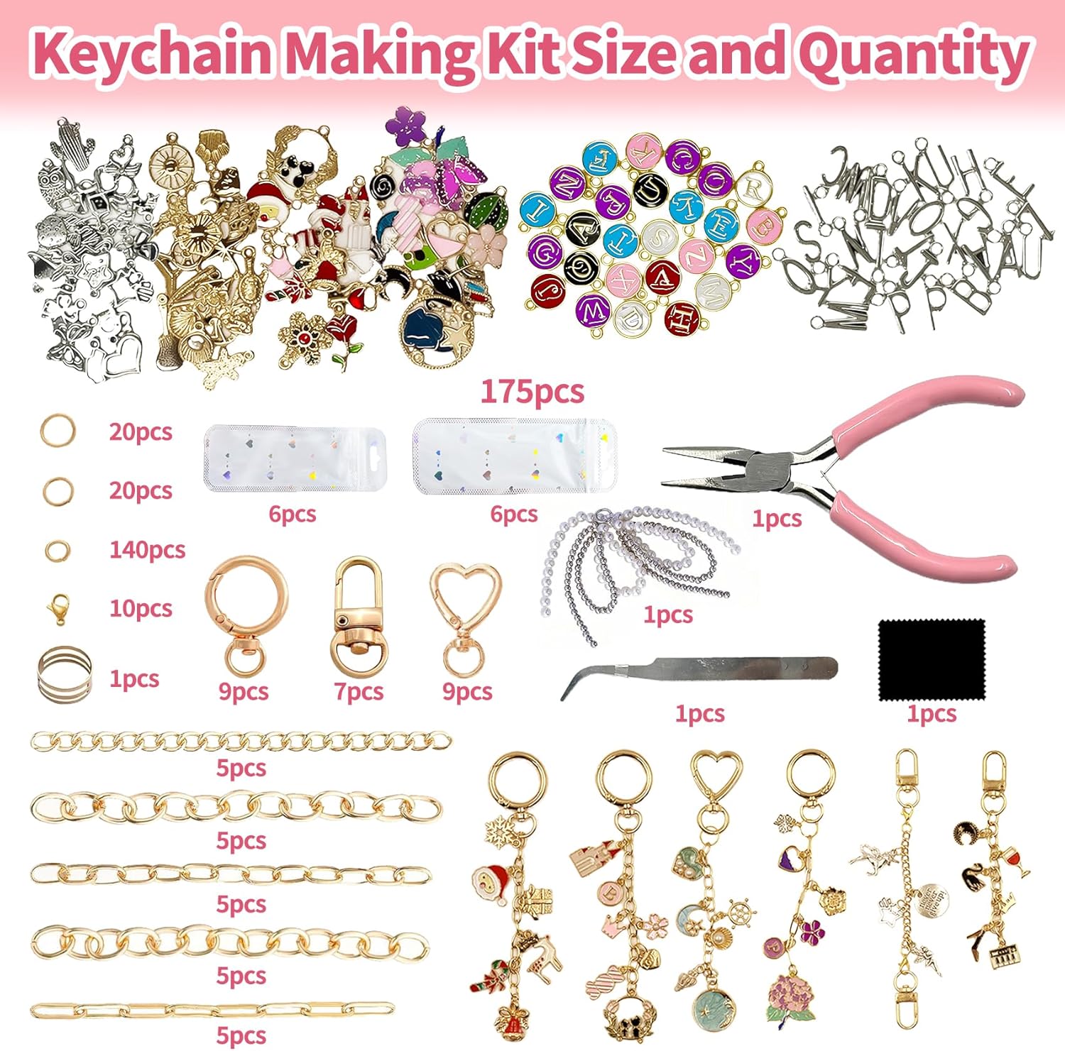 432Pcs Charms Lip Gloss Keychain Making Kit, DIY Craft Supplies with 25 Keychains Clips 25 Extender Chain 175 Charm Jewelry Plier, DIY Keychains Kit, for Keychain Making Supplies DIY Crafts (432Pcs) - Image 2