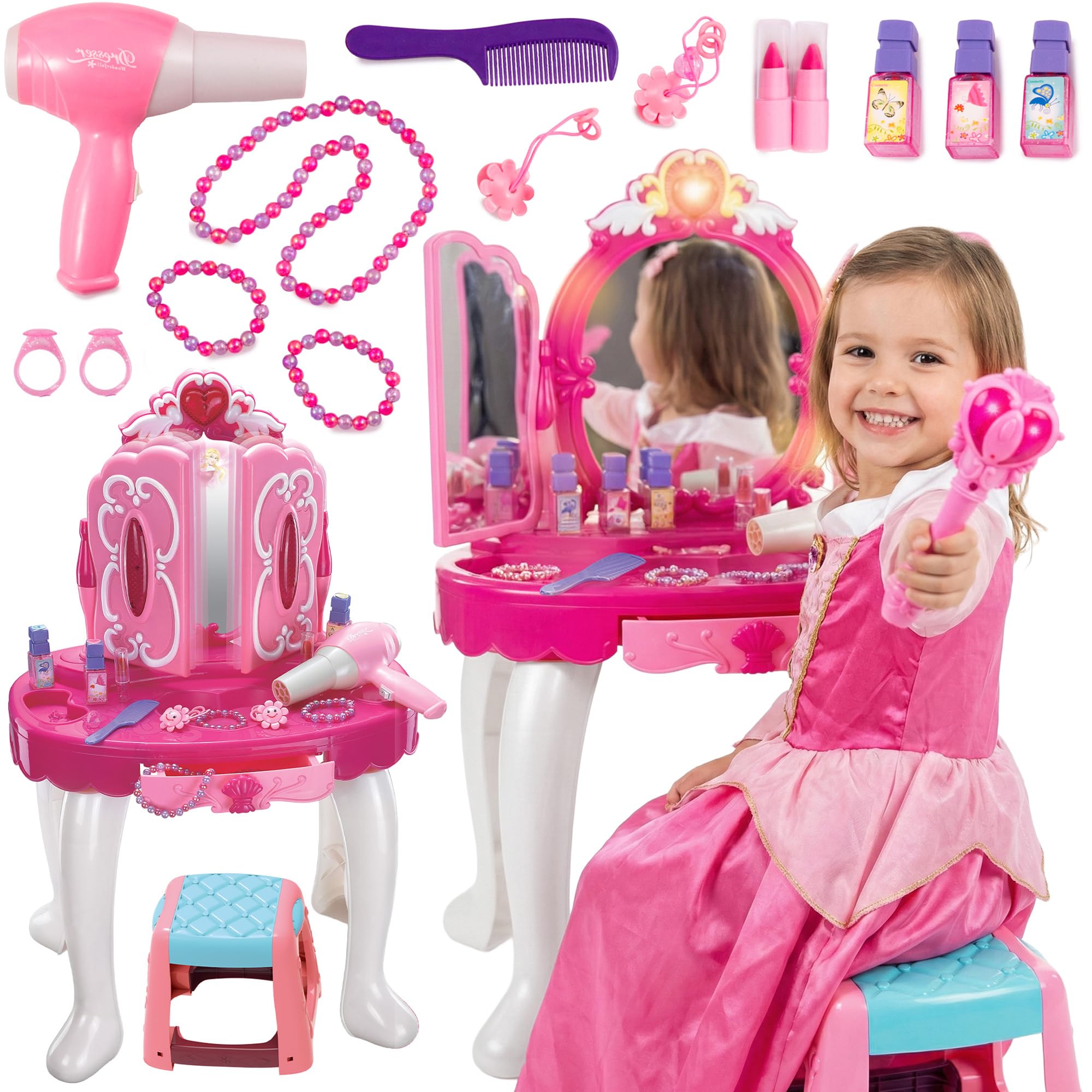Kinderplay Coiffeuse Enfant, Table de Maquillage - Fonction de Lumièreavec Tabouret, lumière et Son, Dimensions Coiffeuse Enfant Fille 50 x 32 x 72 cm, KP8846