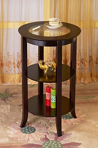 Miniatura 2 de Frenchi Furniture Mesa lateral redonda de madera, vidrio empotrado, dos estantes