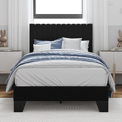 Miniatura 15 de Base de cama de tamaño matrimonial, cama de plataforma tapizada de terciopelo con cabecera ajustable copetuda, marco resistente y listones, Negro