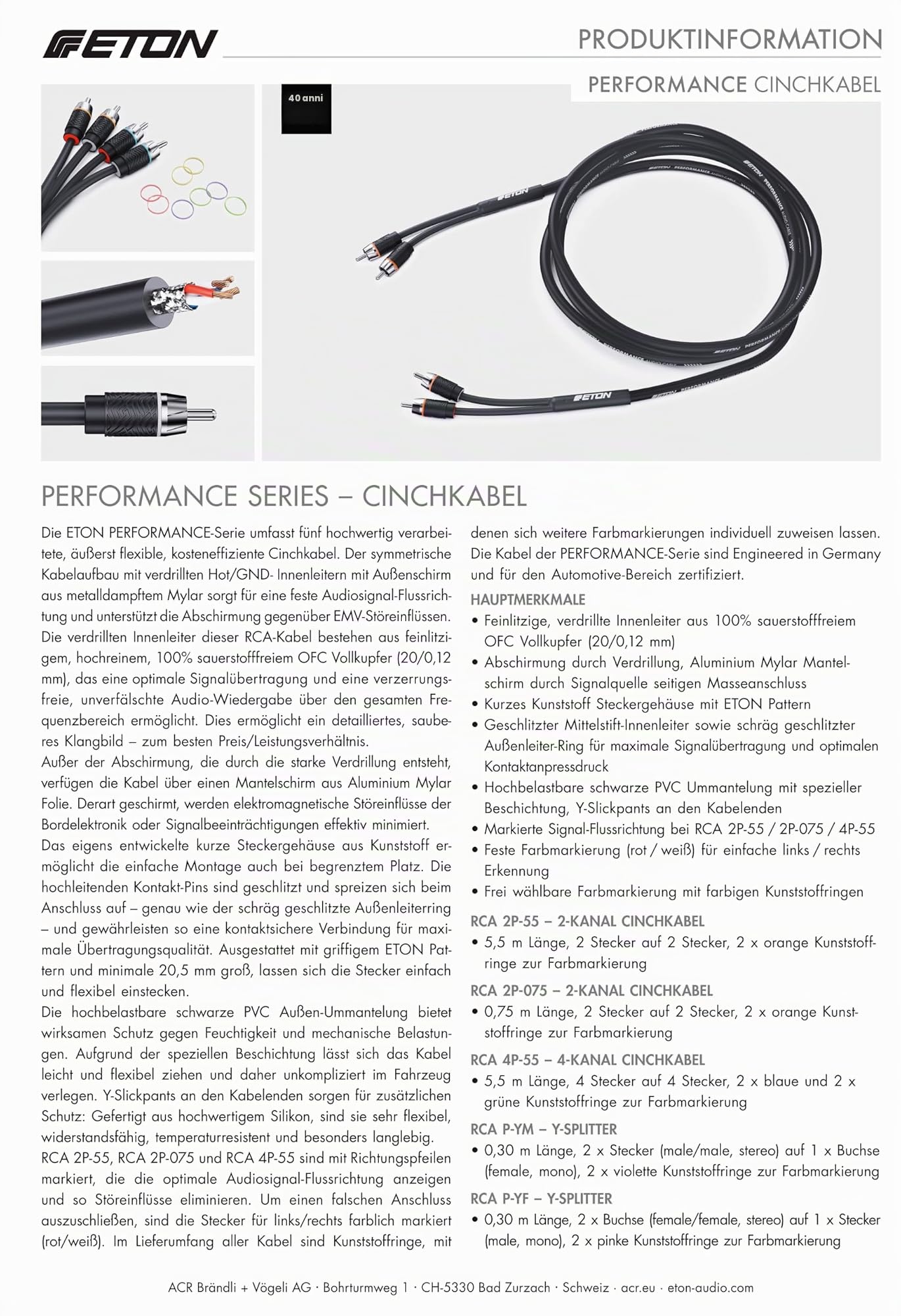 ETON RCA 4P-55 - Cavo RCA di alta qualità (4 canali) con lunghezza di 5,5 metri, 4 maschi a 4 connettori, cavo audio RCA RCA a RCA, ideale per amplificatore/radio, Head Unit
