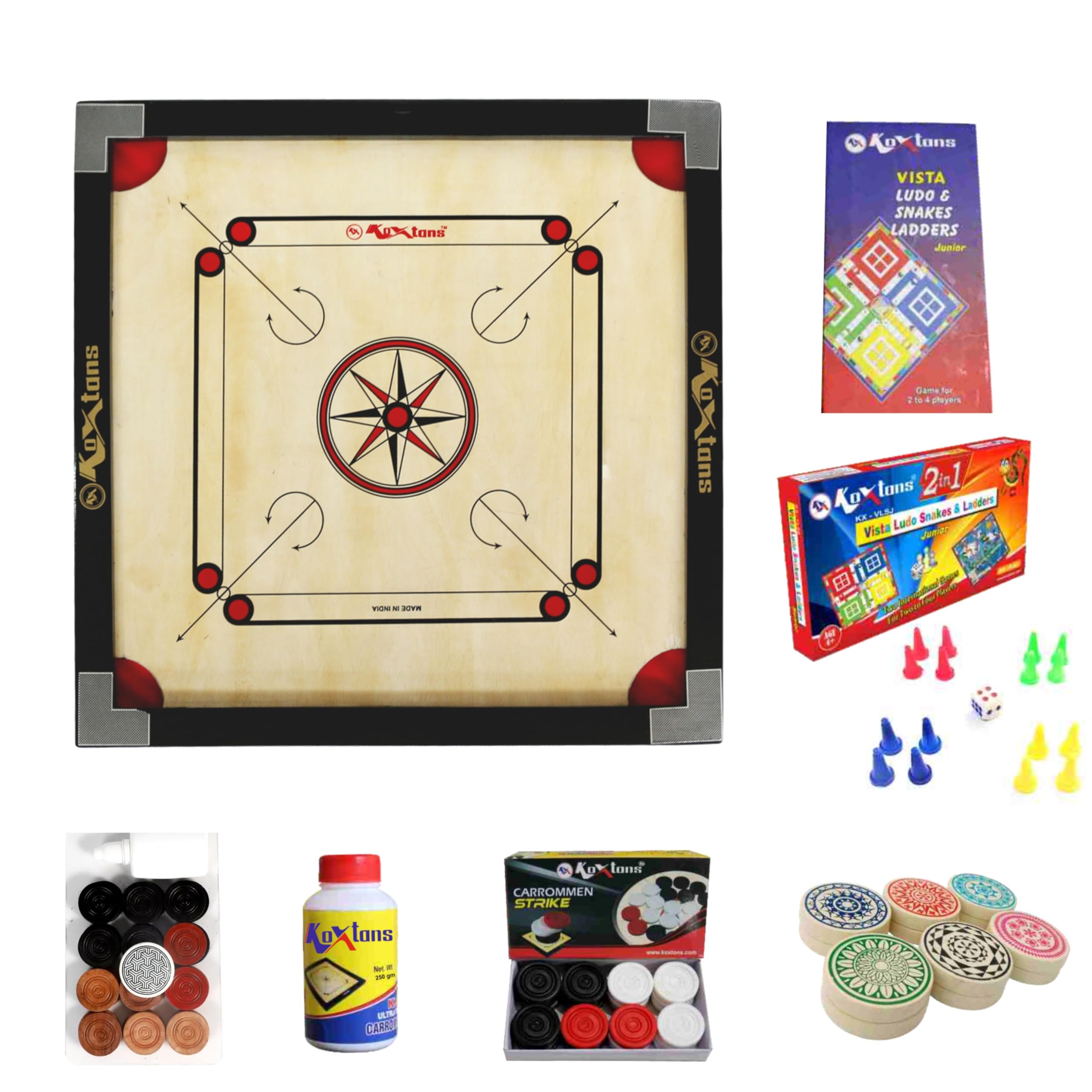 KOXTONS - Carrom Board 20 INCH Small Size Cut Pocket with 1.5" Border & 3 mm Ply (Economy) with STRICKER & Accessories and Vista 11 INCH Ludo Snakes and Ladder