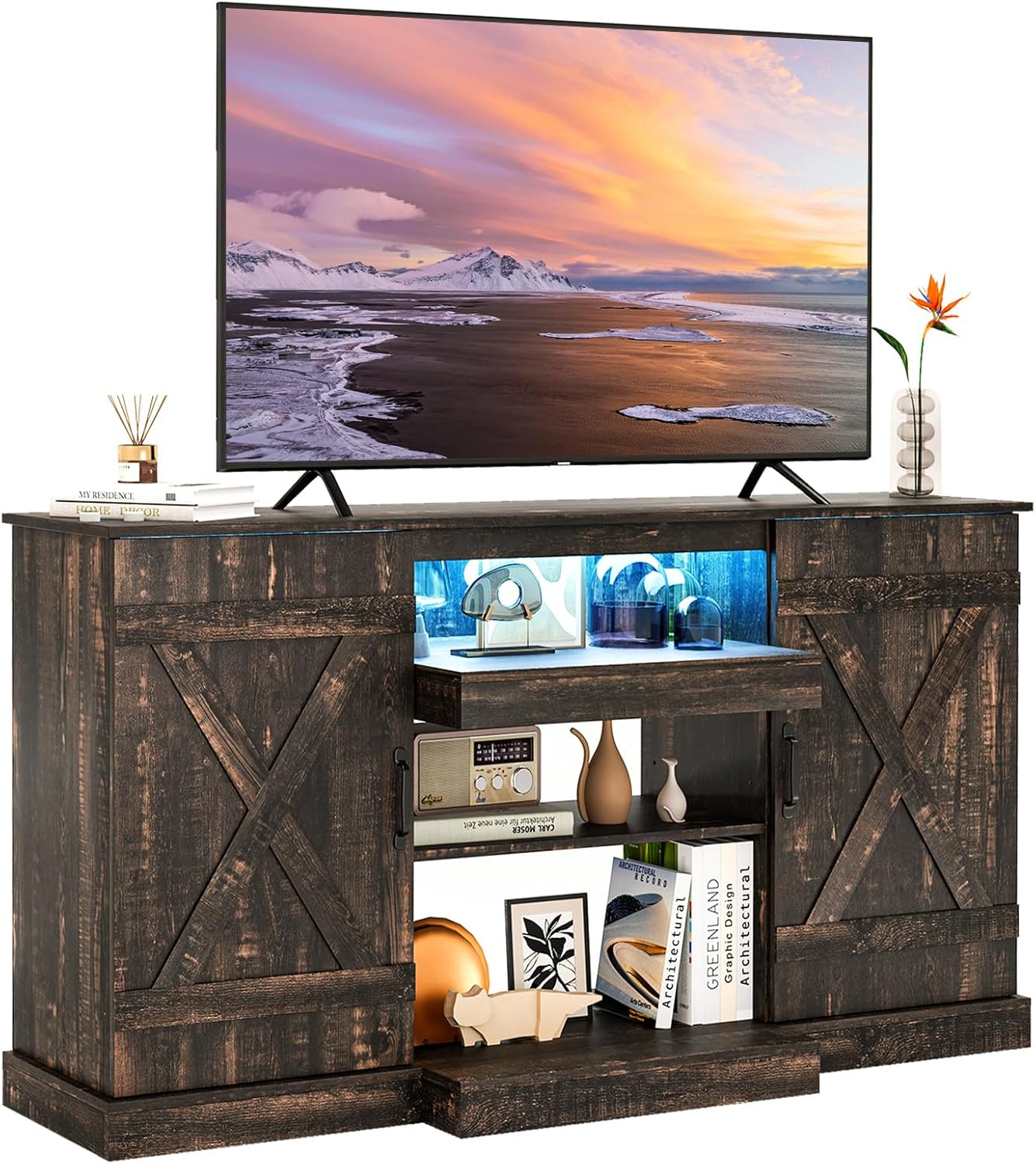 Tangkula 58”L Farmhouse LED TV Stand for TV up to 65 Inch, 32”H Tall Entertainment Center with 20 Color Led Lights, Media Console Table with Cubbies & Cabinets, Large Storage Cabinet for Living Room