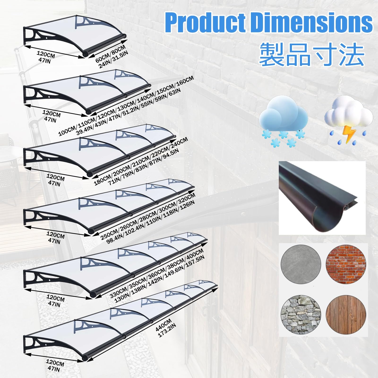 Polycarbonat-Türmarkise, transparenter Regenschutz für Veranda & Terrasse, UV-beständige Schneemarkisen mit großer Dachrinne, 120 cm x 60 cm, Wetterschutz für den Außenbereich