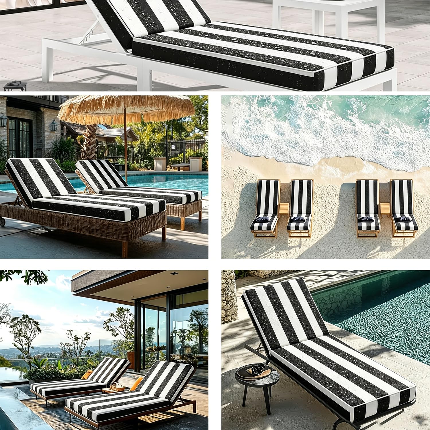 Coussin de Chaise Longue Rayé Imperméable, Bain de Soleil Pliable Épais, Sangles Antidérapantes pour Jardin, Terrasse, Plage et Salon
