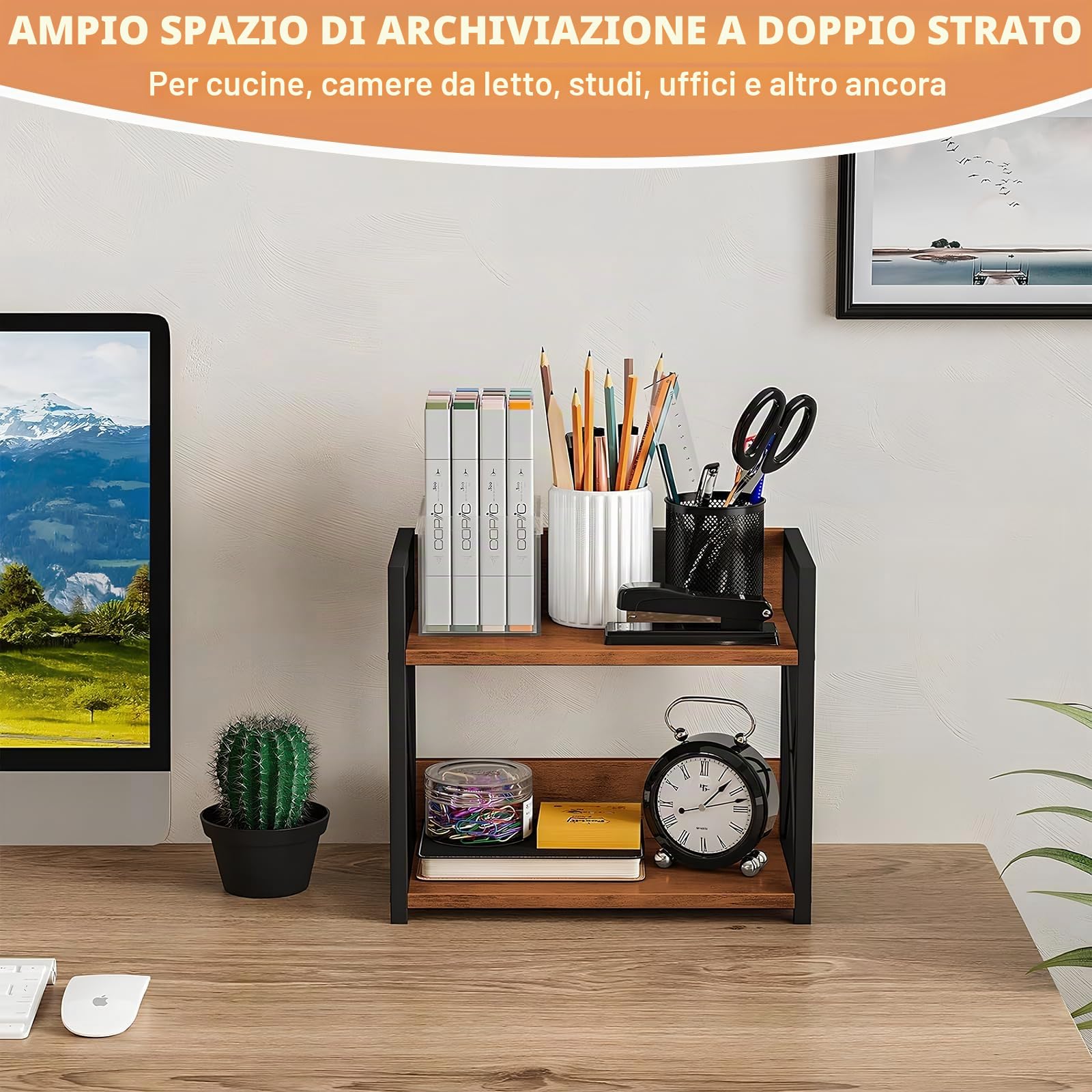 Scaffale Salvaspazio Cucina a 2 Ripiani,Scaffale da Appoggio a Metallo e Legno,Mensola Cucina Salvaspazio,Supporto Porta Spezie da Appoggio a 2 Livelli per Sala da Pranzo, Ufficio
