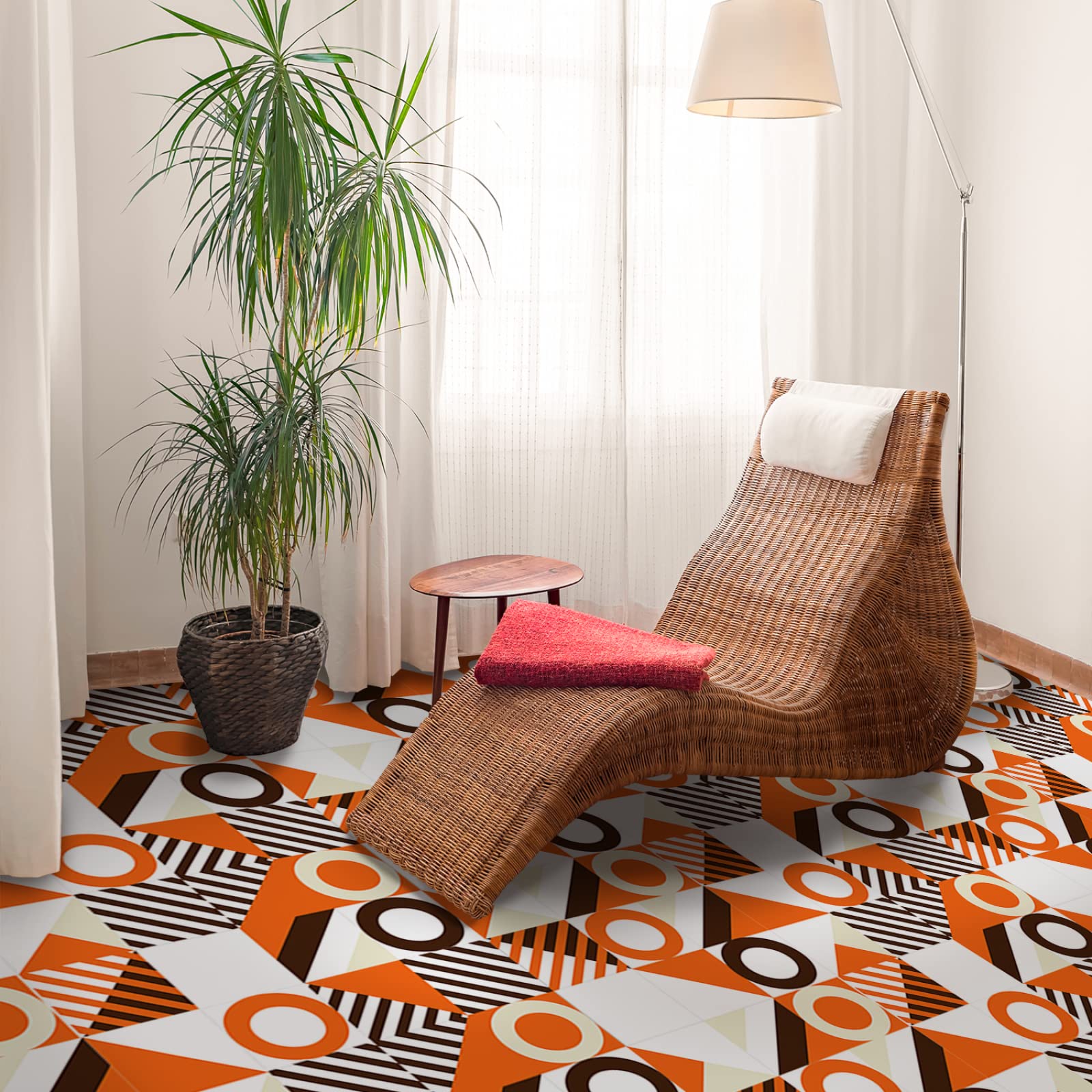 Pomarańczowe beżowe geometryczne naklejki na płytki wodoodporne winylowe samoprzylepne płytki ścienne do łazienki olejoodporne usuwalne naklejki 36 szt./20 x 20 cm