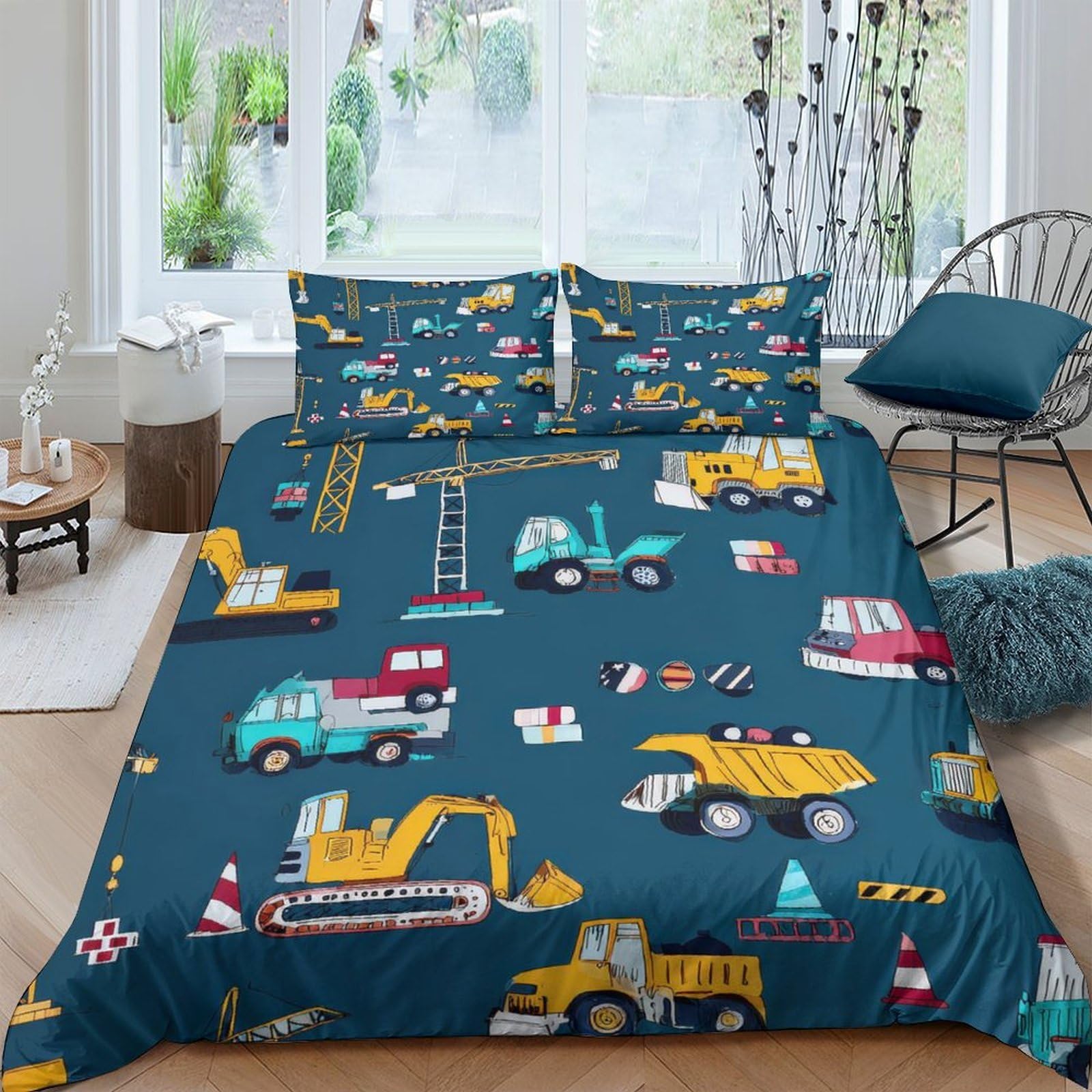 Ctjqhvkz Style-2 3D Printed Construction Trucks Fitted Sheet Microfiber Soft Blue Cartoon Bed Sheet For Bedroom Dorm Mattress Cover Single（135X200cm）