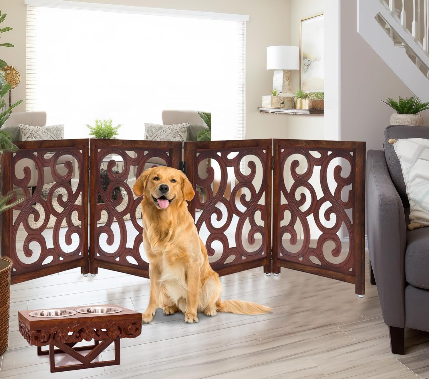 Wooden Foldable Pet Dog Safety Gate - 4 Panels Scroll 20 W x 24 H- Hand Carved Solid Wood & MDF- Free Standing Portable Indoor Doorway Hall Stairs Puppy Fence -Fully Assembled- Antique Brown -IRONGATE