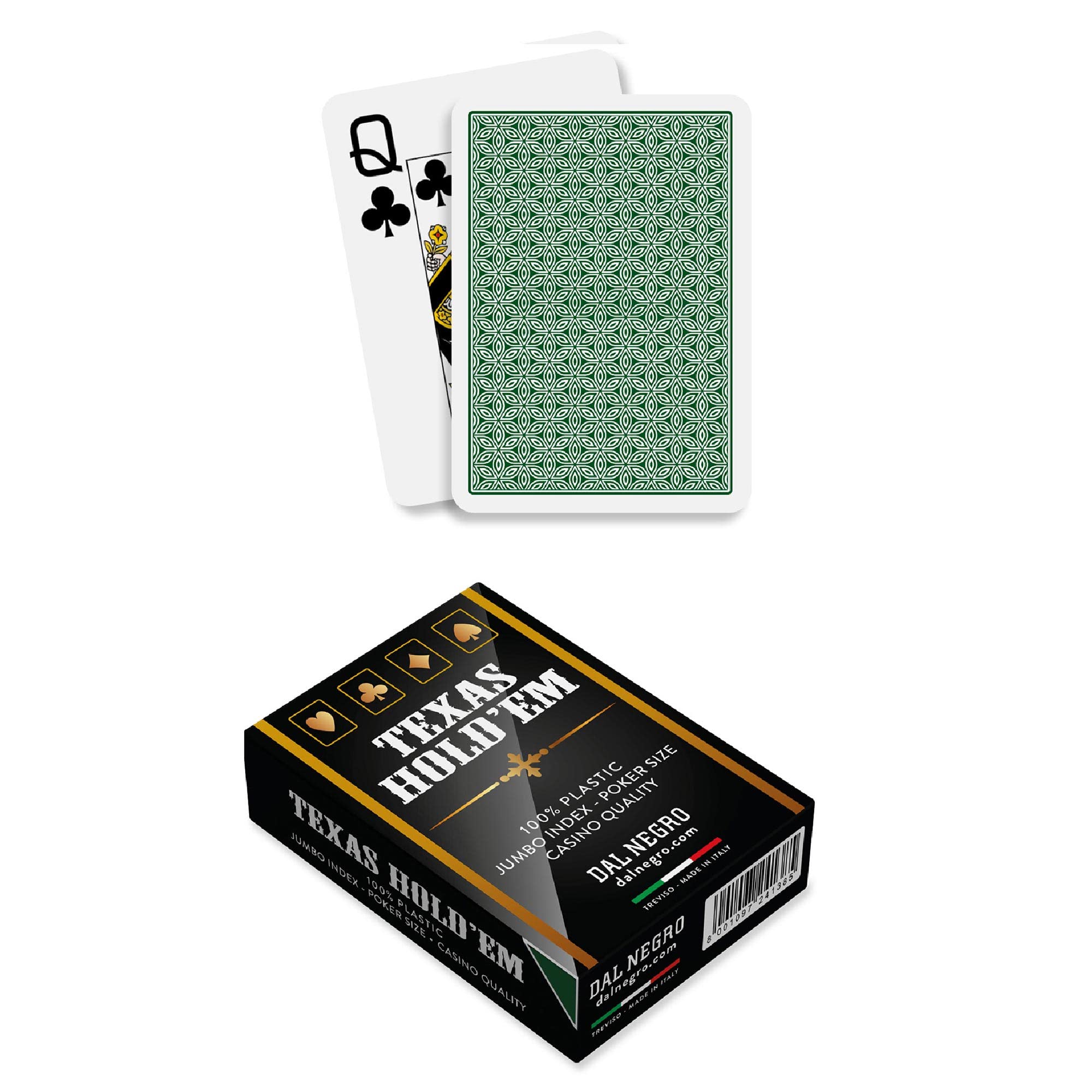 Dal Negro Profesjonalny zestaw kart do pokera Texas Hold'em Casino Quality Plastic i wodoodporny, 1 talia 55 Jumbo Index z Jolly, zielony tył, wyprodukowano we Włoszech