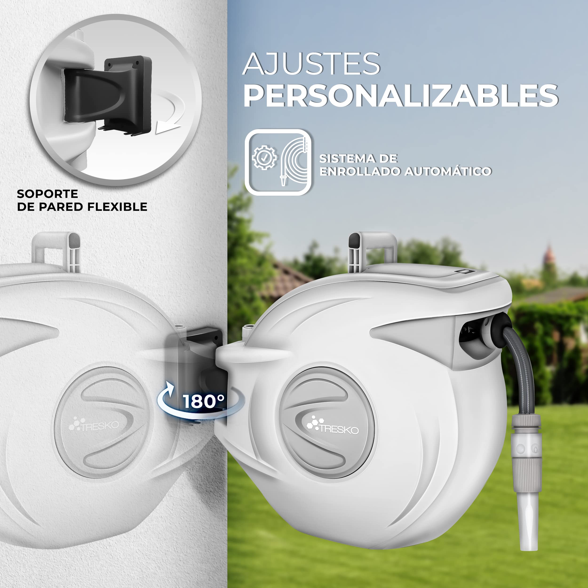 TRESKO® Carrete para Manguera 30+2m | Carro Enrollador de Manguera de Pared | Con Manguera | Automático | Incl. Soporte de Pared, Pistola de Riego y Material de Montaje