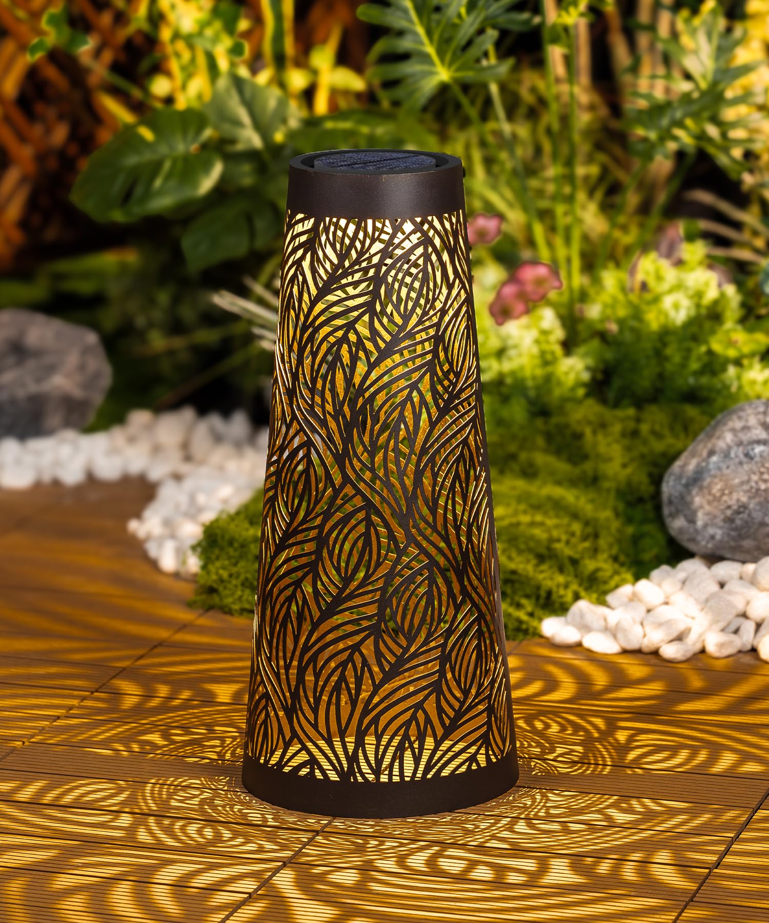 Borne Solaire LED Extérieur 150 Lumens - Éclairage Jardin Allée Terrasse - 5 Designs - Motif Lumineux Projeté - Recharge Solaire et USB - Autonome Sans Câblage (Conique (65 CM))