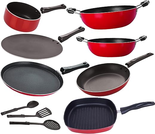 Nirlon Non Stick Stain Resistance Non-Induction Kitchen Essential Cookware Set-10 Pieces [FT12_CT12_KD12_KD14_SP(M)_TP22_GP24_3SPN]