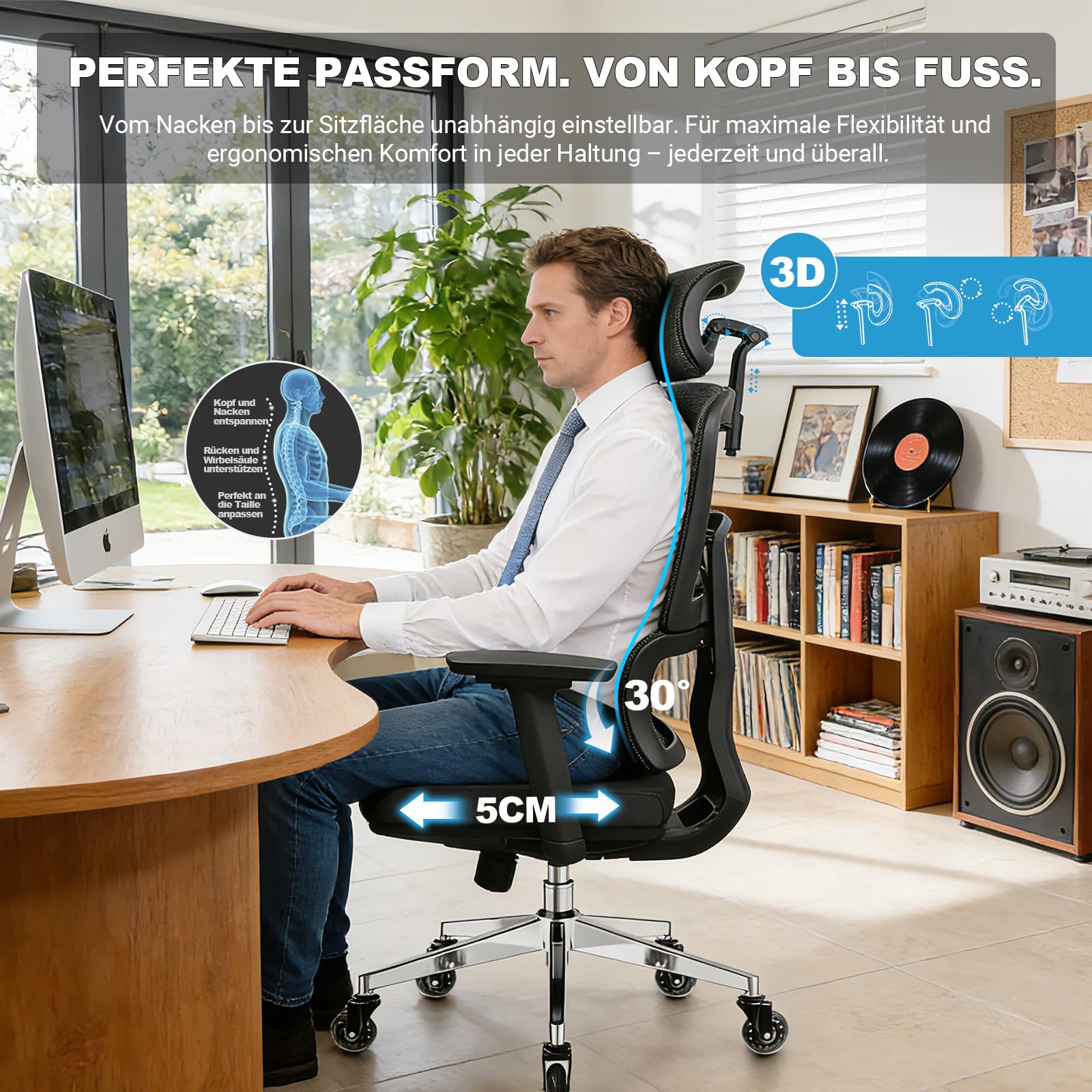MELOKEA Bürostuhl Ergonomisch 200kg mit Verstellbarer Rückenlehne | Ergonomischer Schreibtischstuhl für große Menschen und langes Arbeiten mit Lendenstütze, 4D-Armlehnen, Sitztiefe Verstellbar